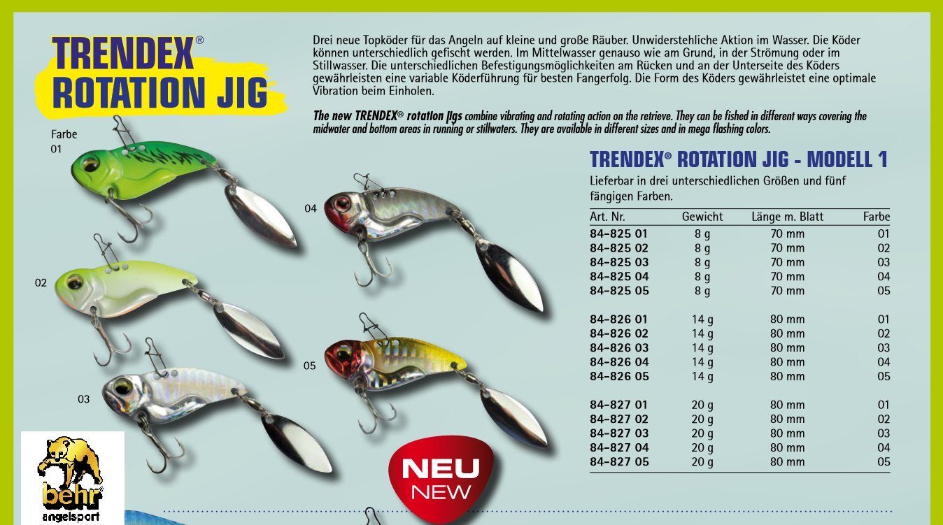 Trendex Behr Spinner 80mm Kunstköder 14g Forelle Jig 03 Rotation Barsch Zander Wobbler