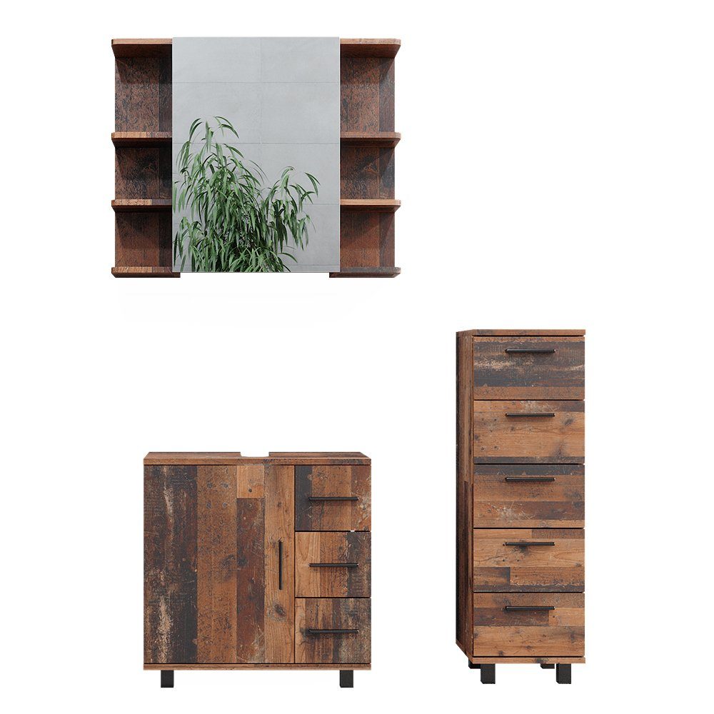 Badmöbel-Set Ilias, Eiche rustikal, 3 Teile, mit Midischrank