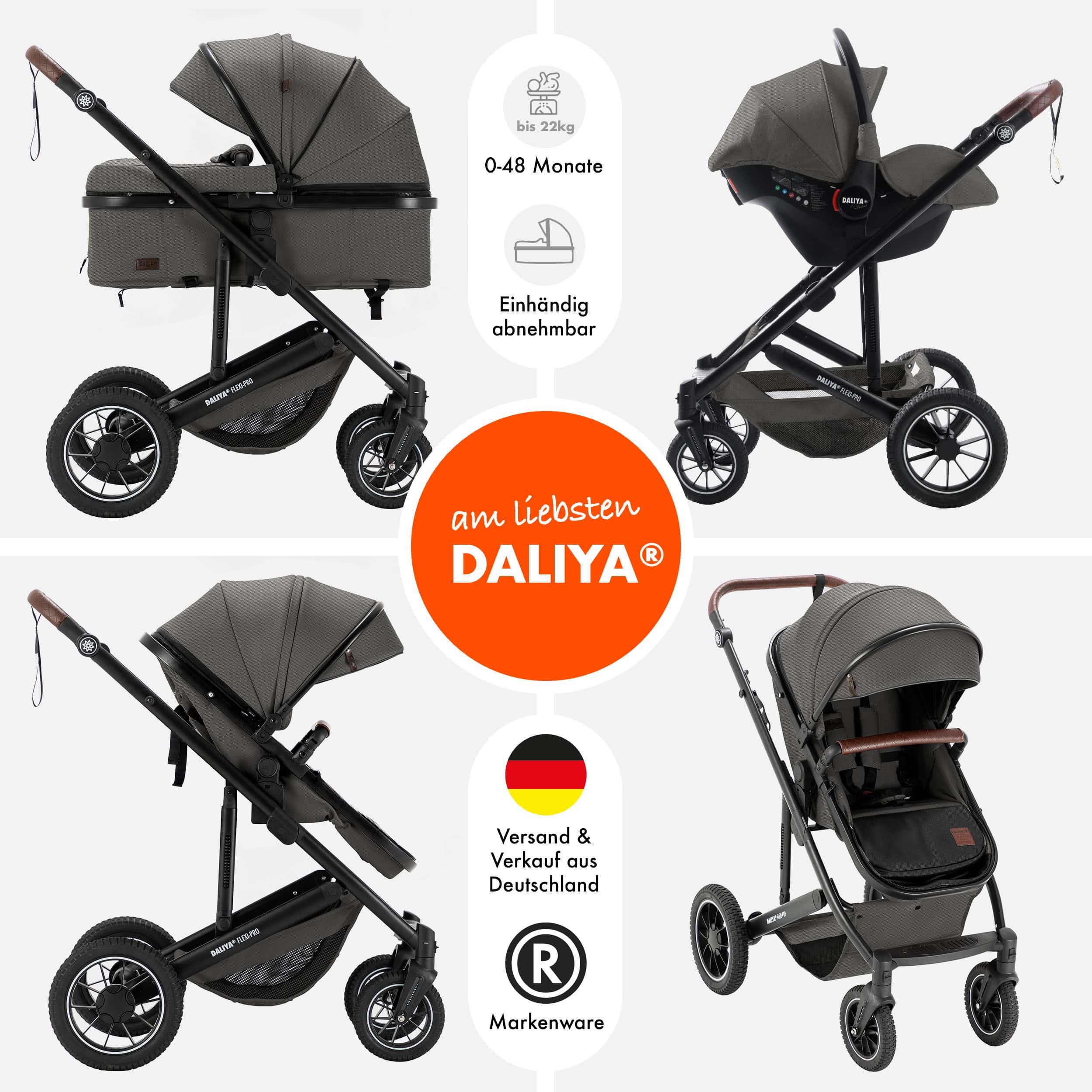 Daliya® Kombi-Kinderwagen FLEXI-PRO M 3in1 Kinderwagen & Buggy, Reisekinderwagen, XXL Set, (XXL-Set mit i-Size Babyschale, 13-tlg), Einhändig abnehmbare Wanne, i-Size Babyschale, Alu-Rahmen, Gummireifen
