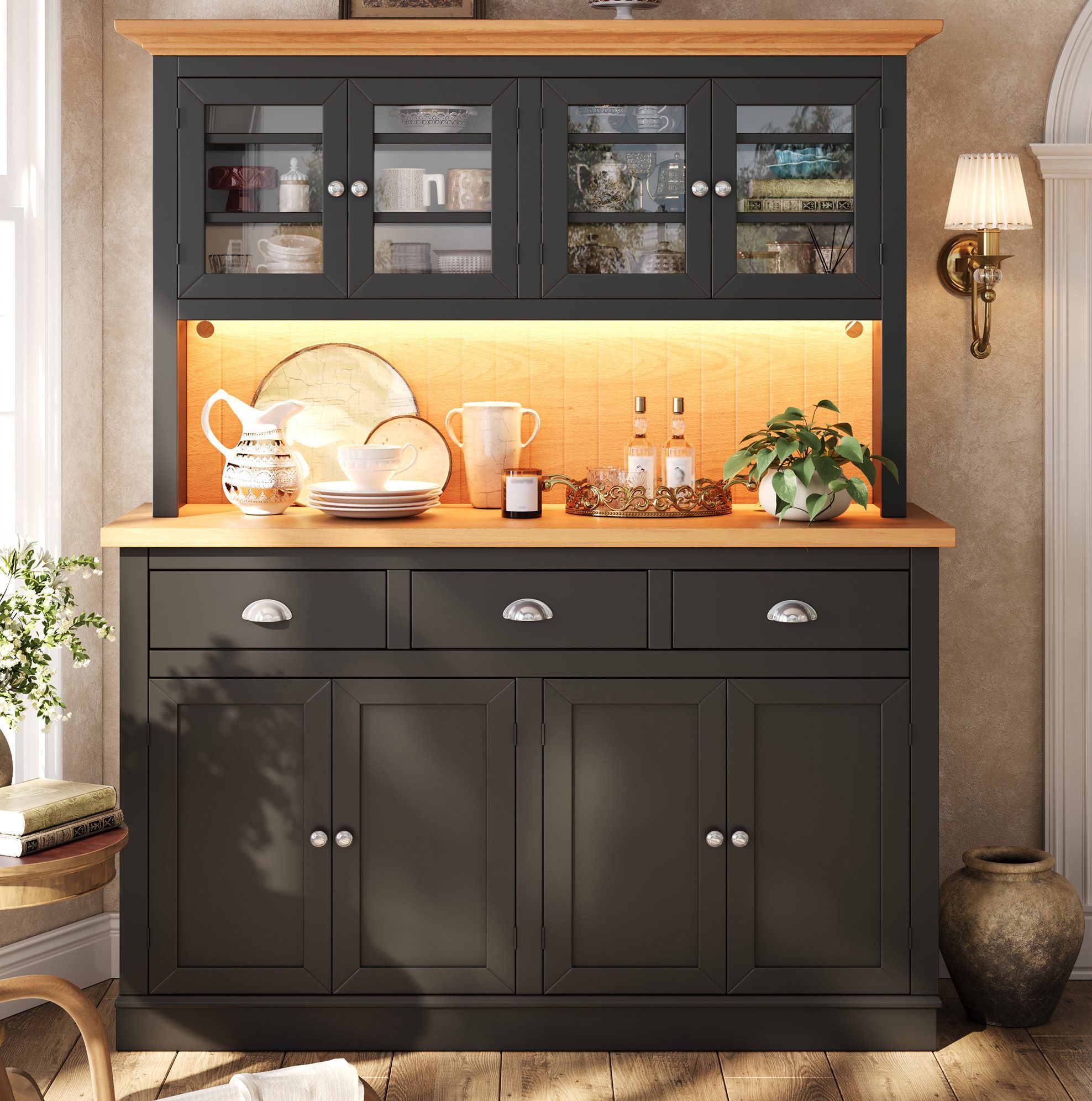 OKWISH Hochschrank Aufbewahrungsschrank mit Kippsicherung und verstellbaren Böden (Packung, 1-St., Vitrinenschrank mit Soft Close Metallgriffen für Wohnbereiche) Sideboard mit RGB LED Beleuchtung und Glastür Schwarz
