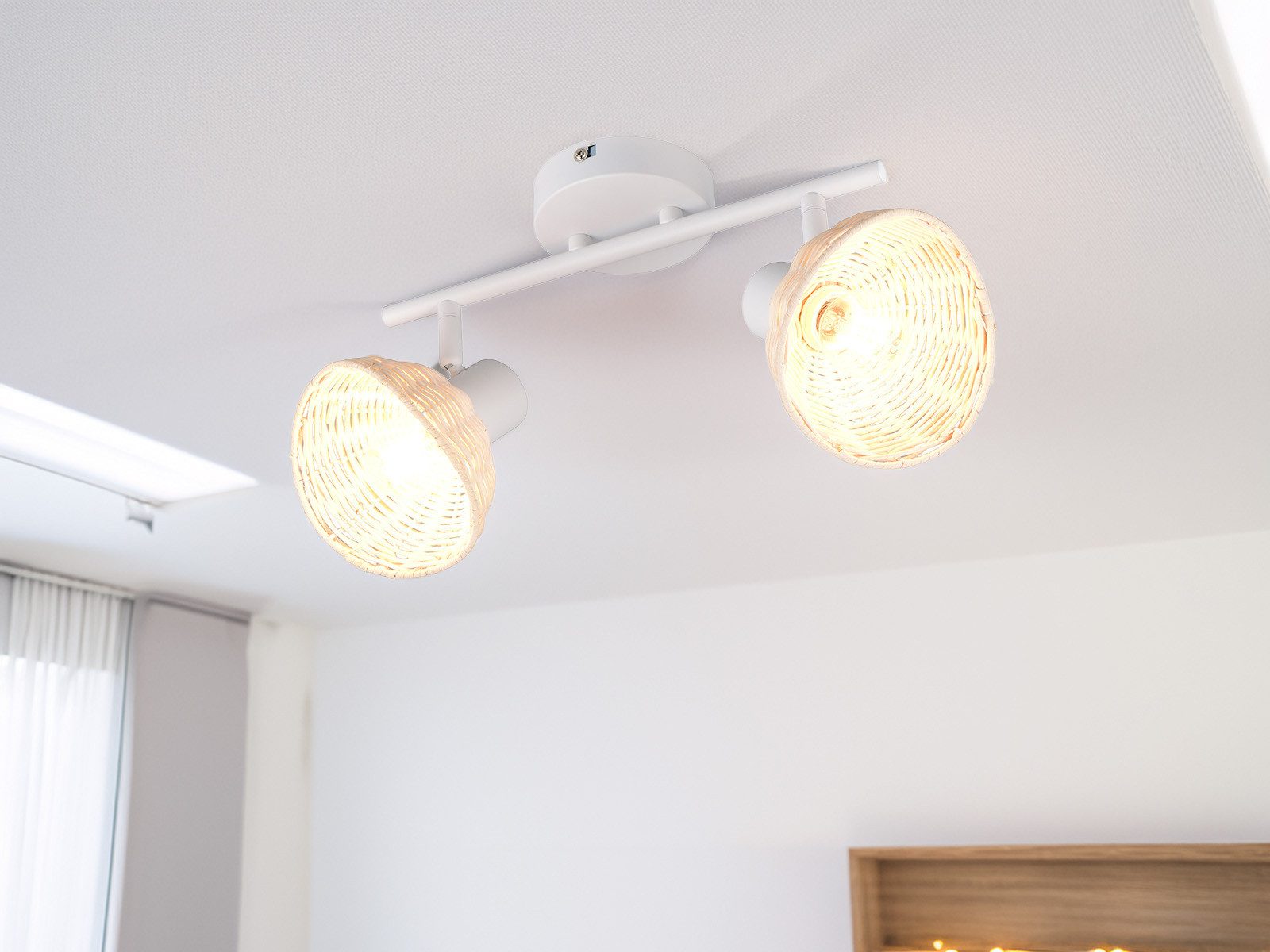 Reality Leuchten LED Deckenstrahler mit Rattan Lampenschirmen, Länge 40cm, Leuchtmittel dimmbar, LED wechselbar, Warmweiß, skandinavisch-e Deckenlampe 2-flammig mit E14 Leuchtmitteln