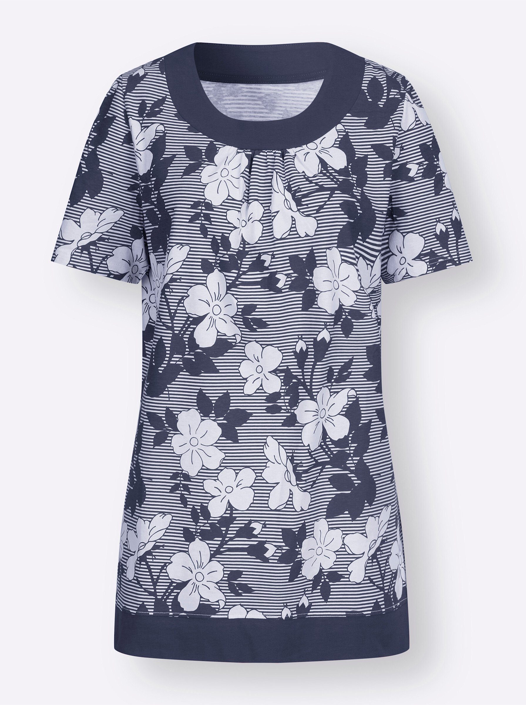 Sieh an! T-Shirt Longshirt Kurzarm in A-Linie, mit Blumendruck und Streifen