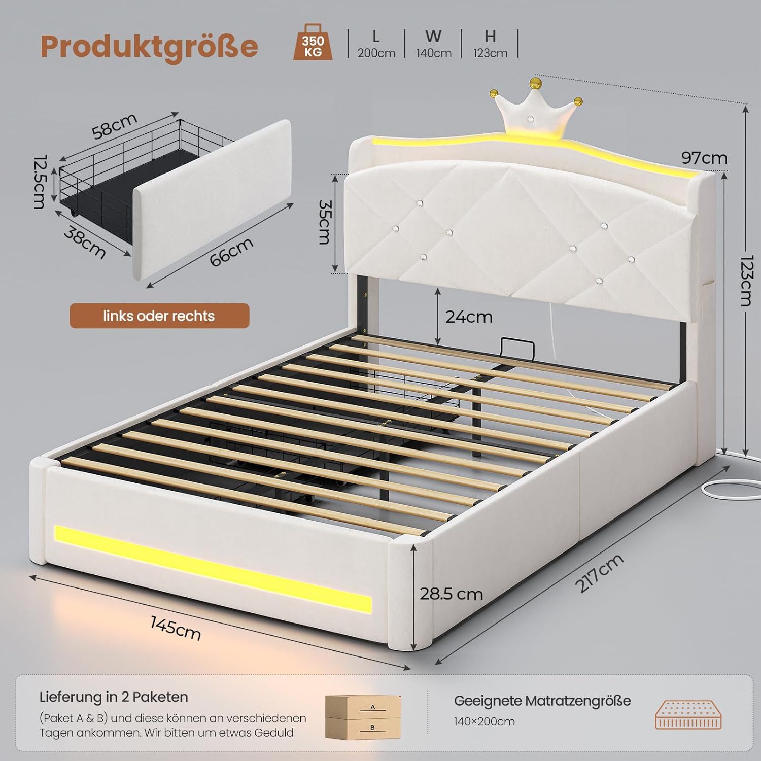 MSMASK Kinderbett im Kronen-Design mit LED-Beleuchtung, Ladestation und 2 Schubladen (Ohne Matratze), Polsterbett Jugendbett Prinzessinnenbett 140 x 200cm