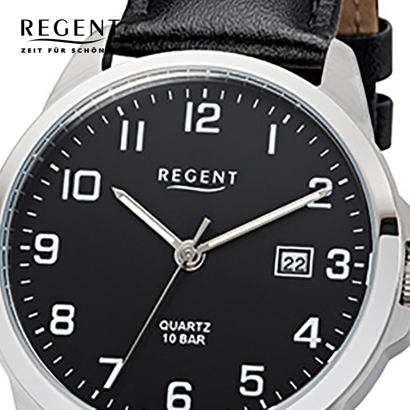 Regent Quarzuhr Regent Herren-Armbanduhr schwarz Analog, Herren Armbanduhr  rund, mittel (ca. 39mm), Lederarmband