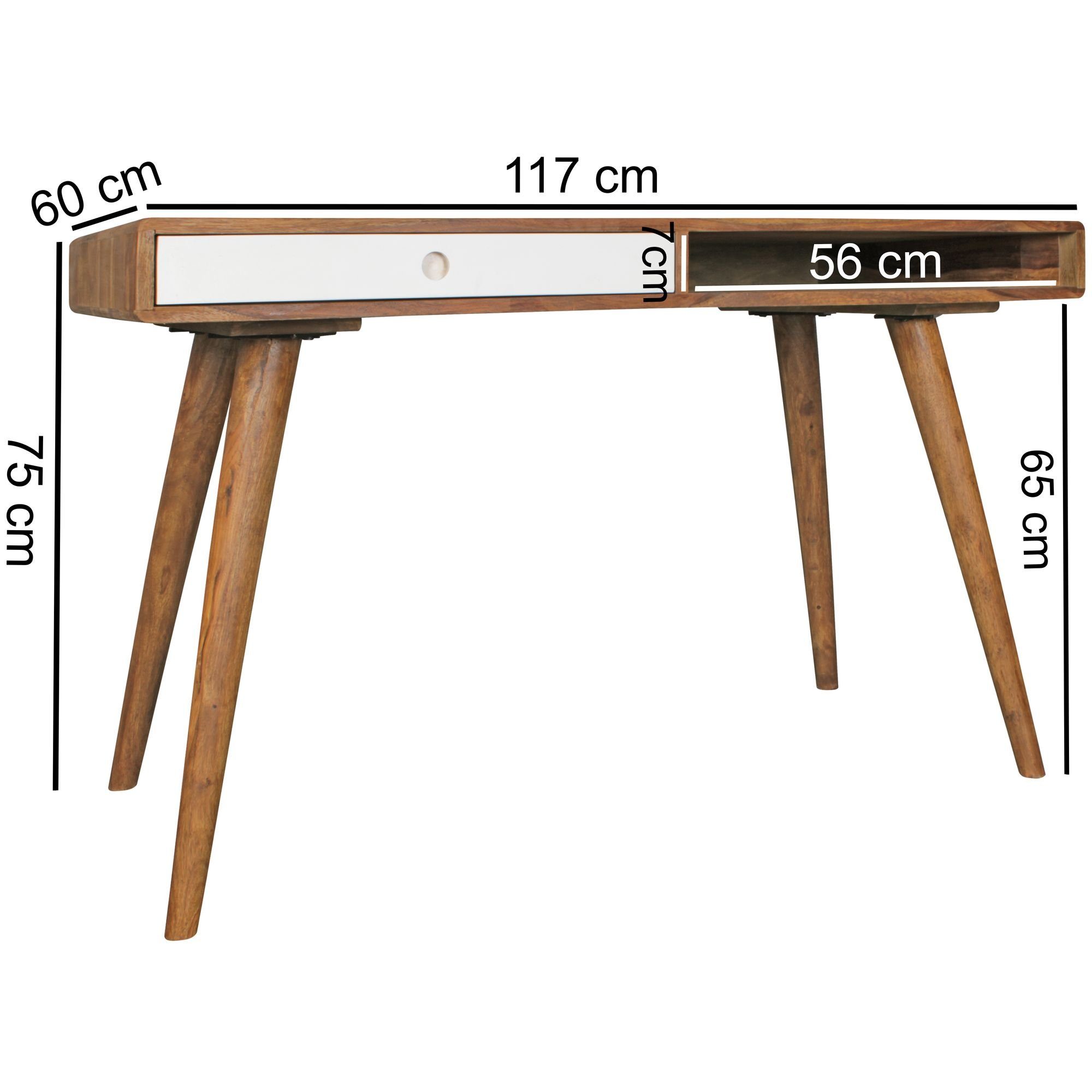 Schreibtisch Home (120x60x75 Weiß), mit Sheesham Schublade Massivholz | Bürotisch Stauraum, Weiß Weiß Office cm FINEBUY PC-Tisch SuVa4911_1