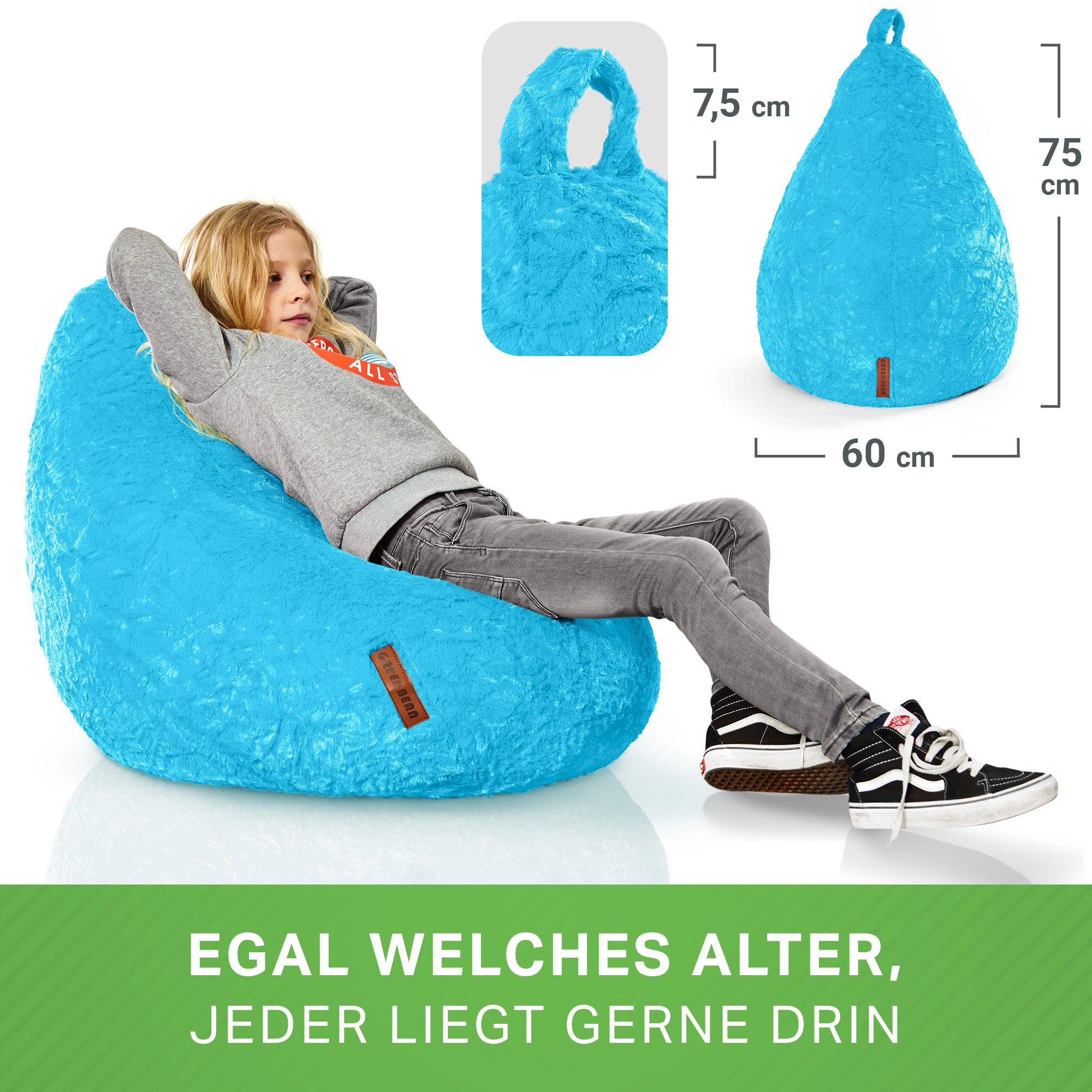 Green Bean Sitzsack Kinder Sitzsack Plüsch 60x45x45cm (60x45x45cm - Indoor Sitzkissen mit 120L EPS-Perlen Füllung, Kuschelig Waschbar), Bean Bag Bodenkissen Lou – Bild 4 von 5