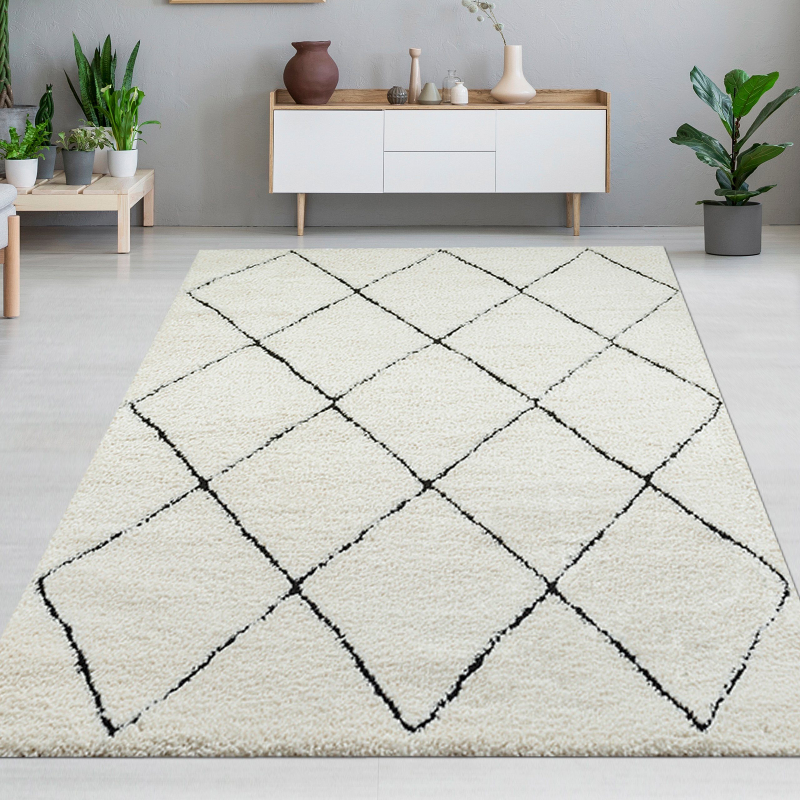 Carpetia Teppich Skandinavisch Wohnzimmerteppich Hochflor Rautenmuster weiß günstig online kaufen