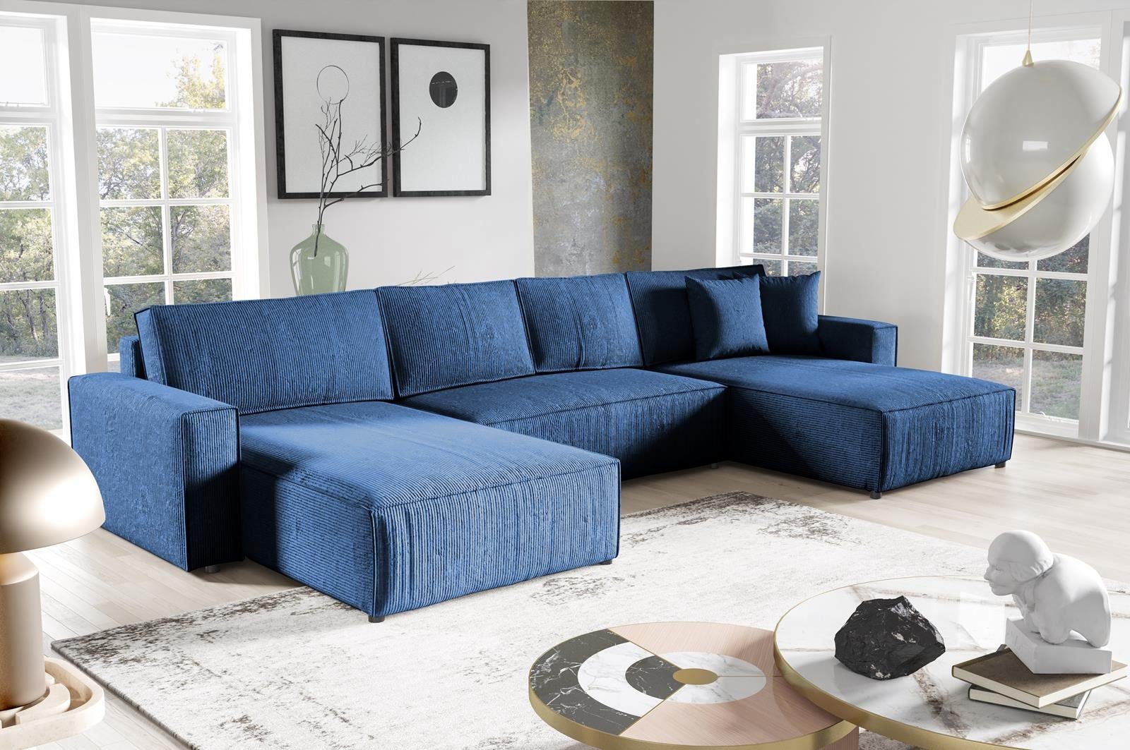 U-Form 390 mit Ecksofa U, Funktionen cm Compleo Corner BOSTON Schlafsofa Blau Ecksofa