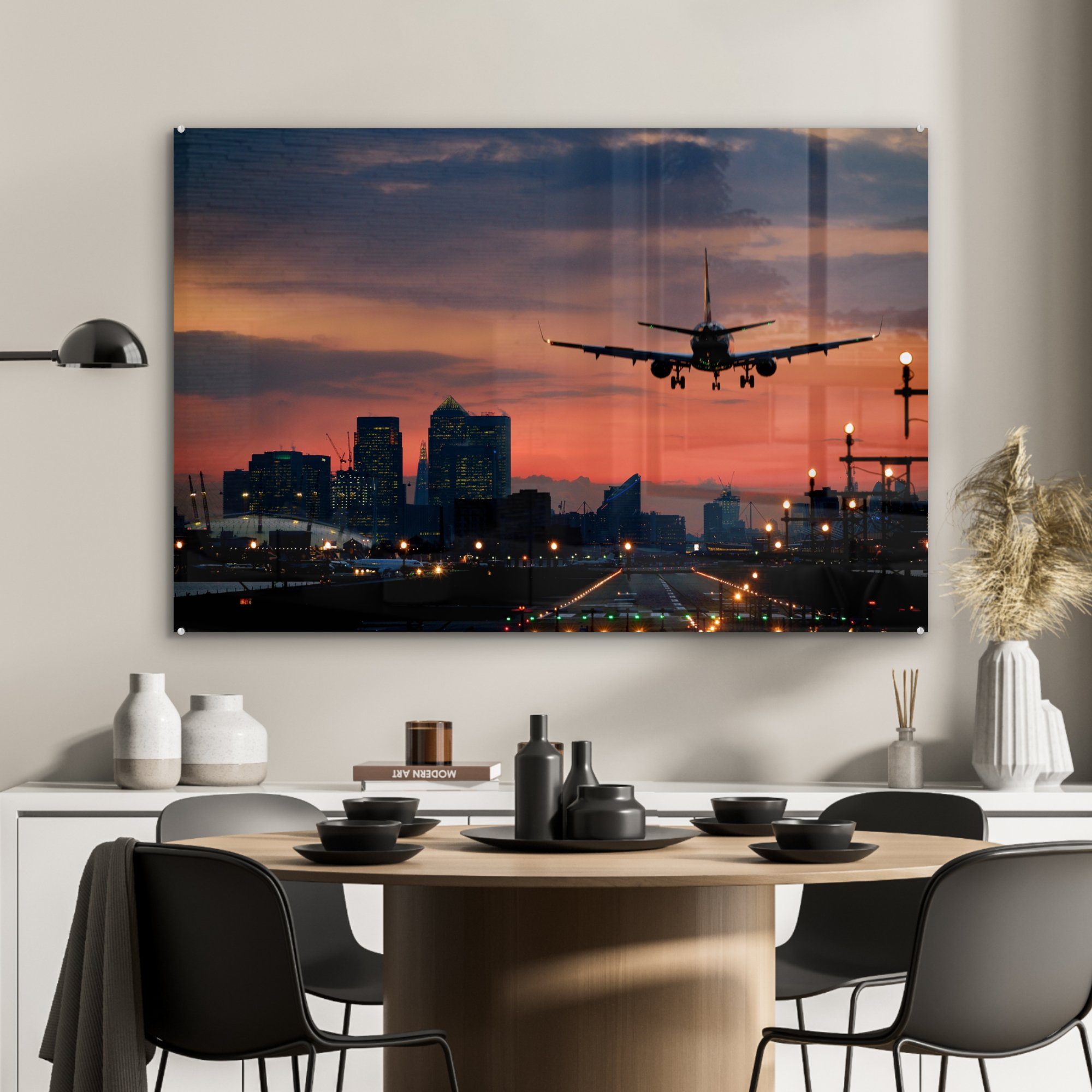 Sonnenaufgang, bei Acrylglasbilder Flugzeugs eines Schlafzimmer (1 St), Acrylglasbild Wohnzimmer & MuchoWow Landung