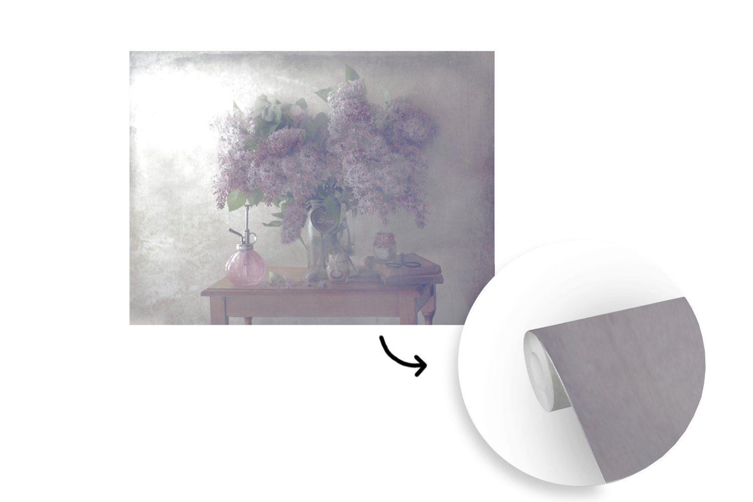(6 Matt, Stilleben, Tisch Montagefertig Fototapete MuchoWow Wandtapete St), Tapete Wohnzimmer, bedruckt, - Blumen für Vinyl -