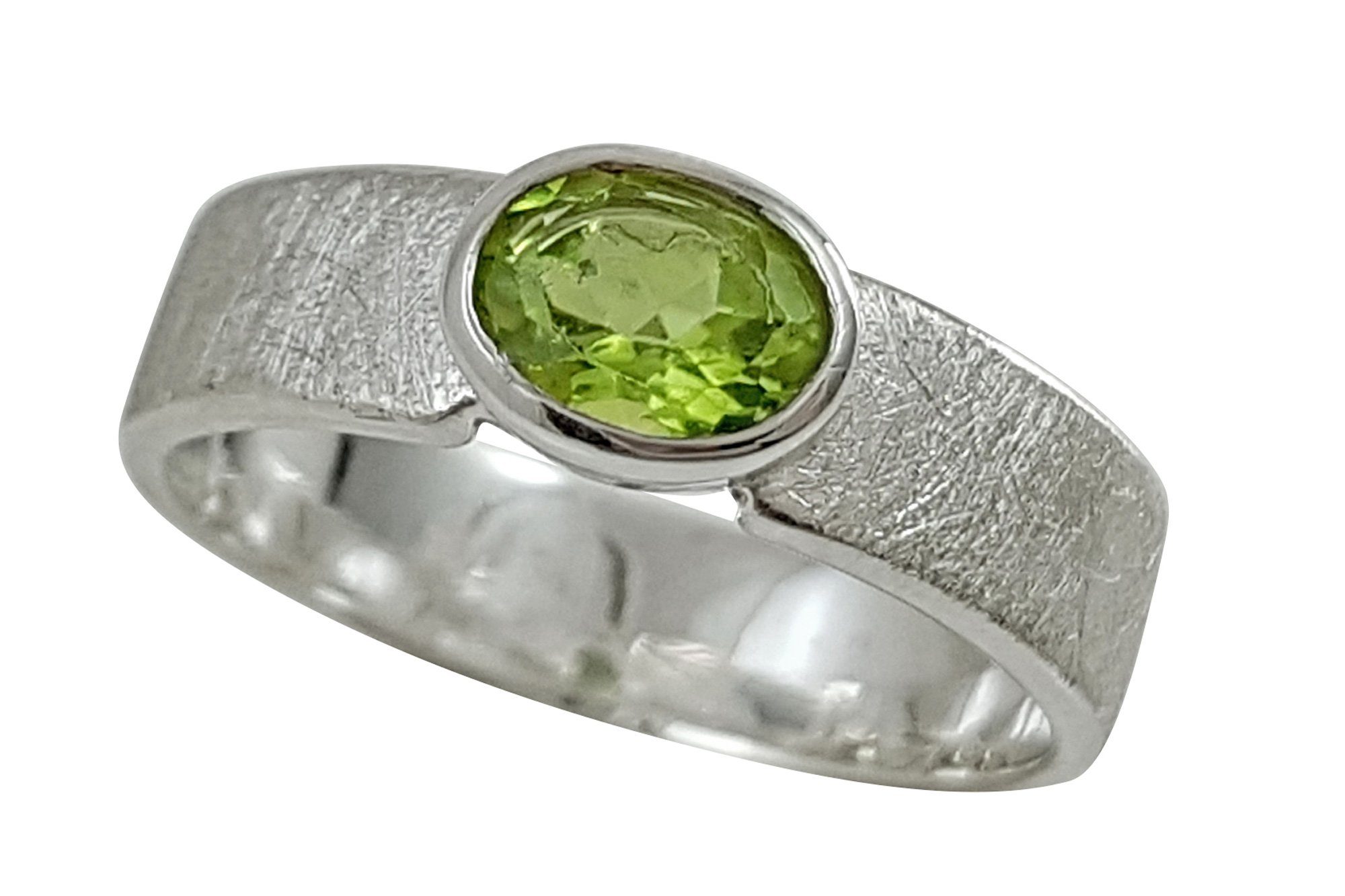 ALUNA Solitärring Bandring mit Peridot im Facettenschliff (inklusive Schmuckbox), eismattiert gebürstet - mit echtem Stein - ri0231x1