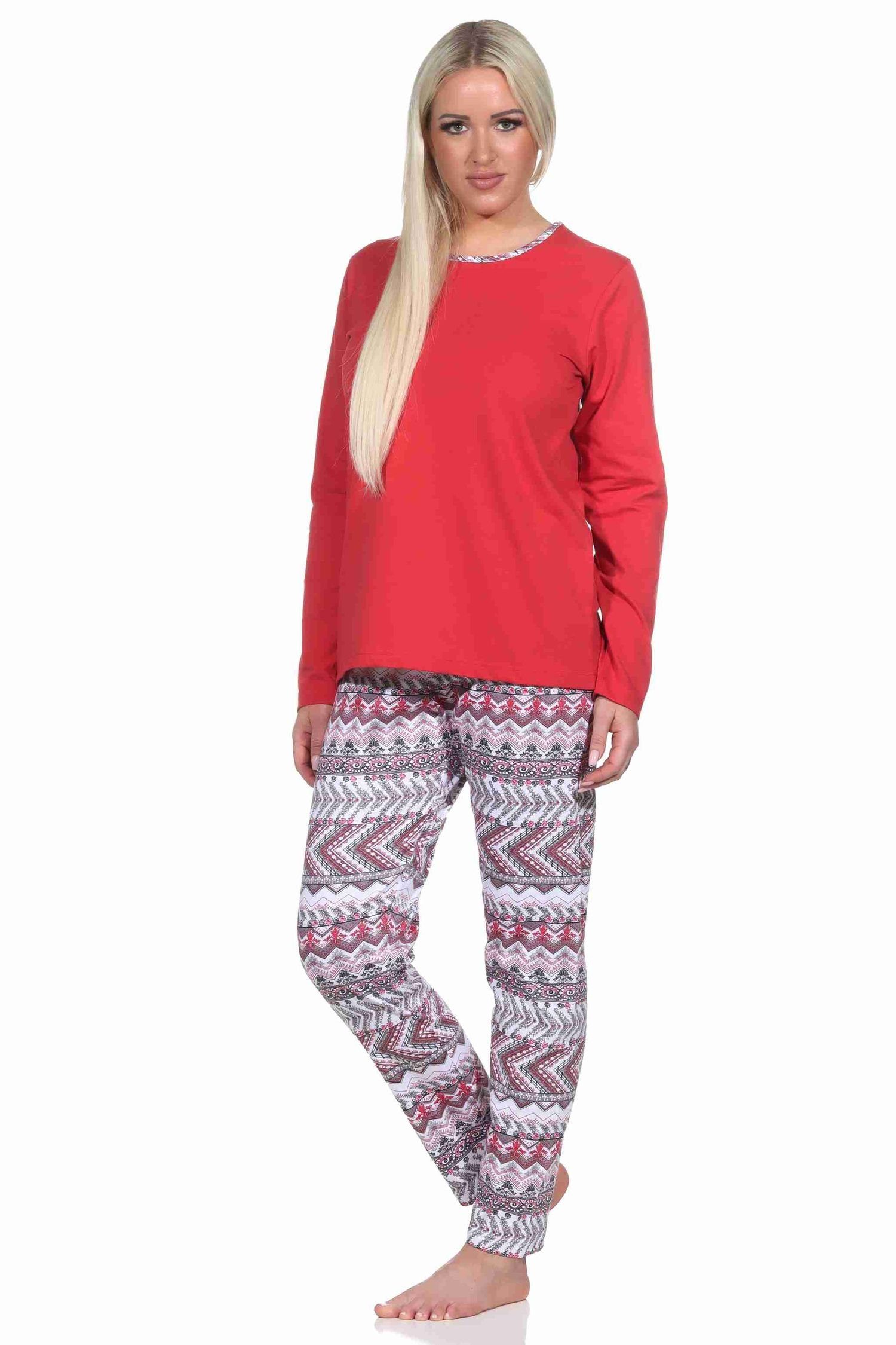 Normann Pyjama Damen langarm Schlafanzug im wunderschönen Ethnolook rot