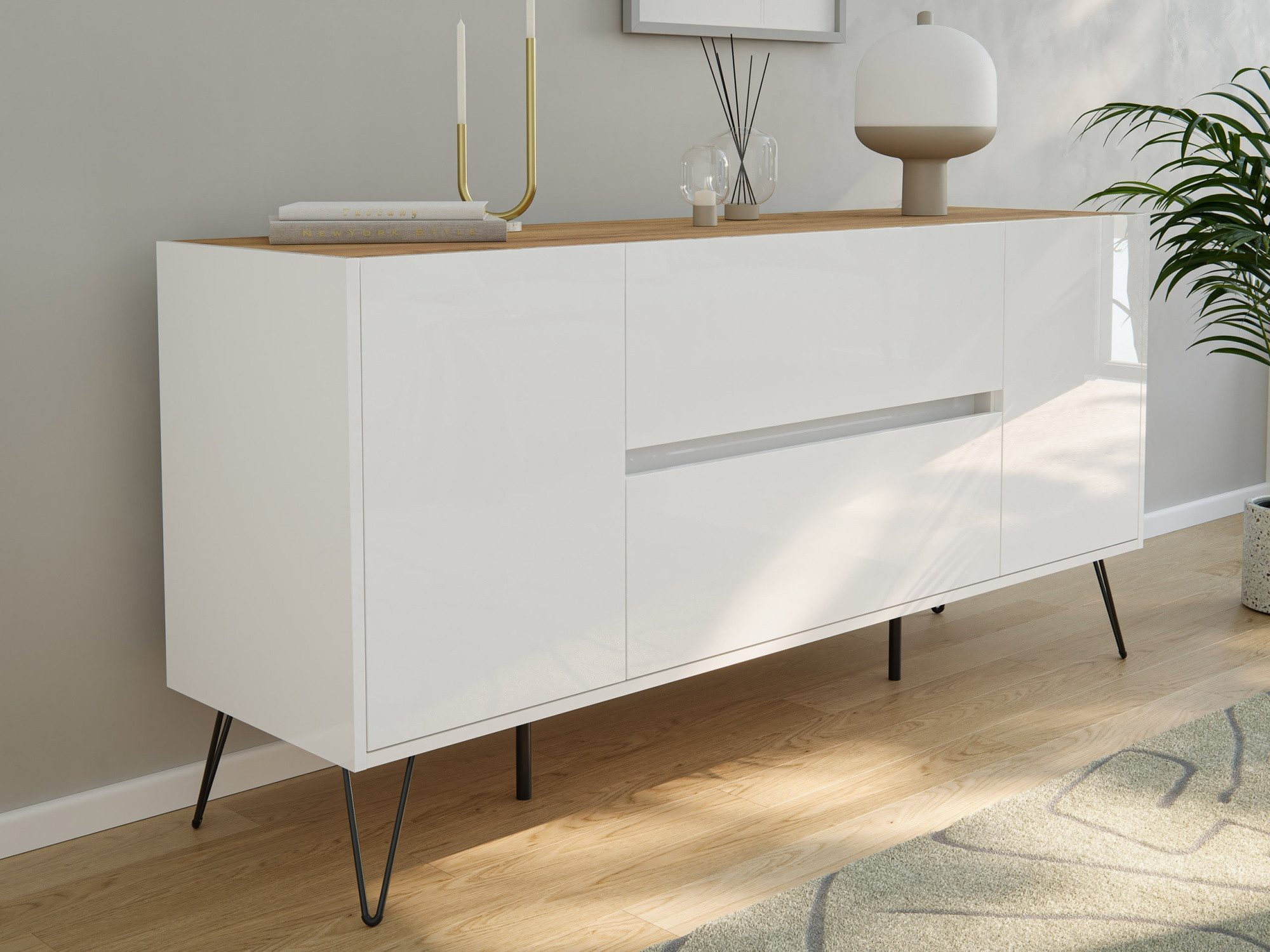 Magnolia Home Sideboard Sideboard Yako 155cm 2 SoftClose 2 Türen Weiß/Eiche Top