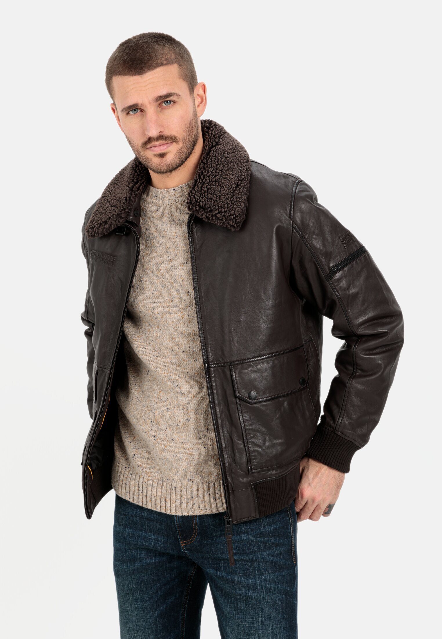 Lederjacke mit Kunstfellbesatz am Kragen