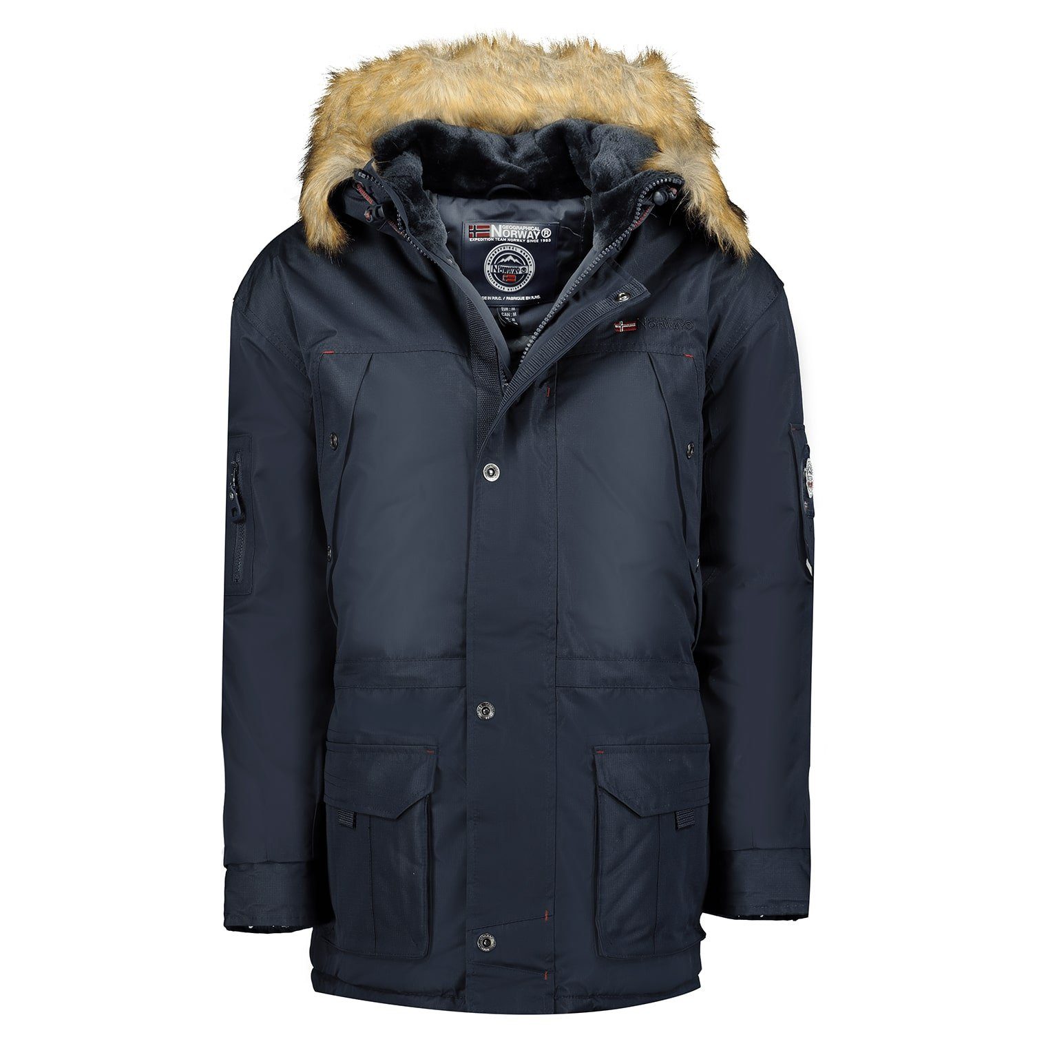 Geographical Norway Winterjacke Navy Kunstfellbesatz Innenfleece, Kapuze mit abnehmbarer