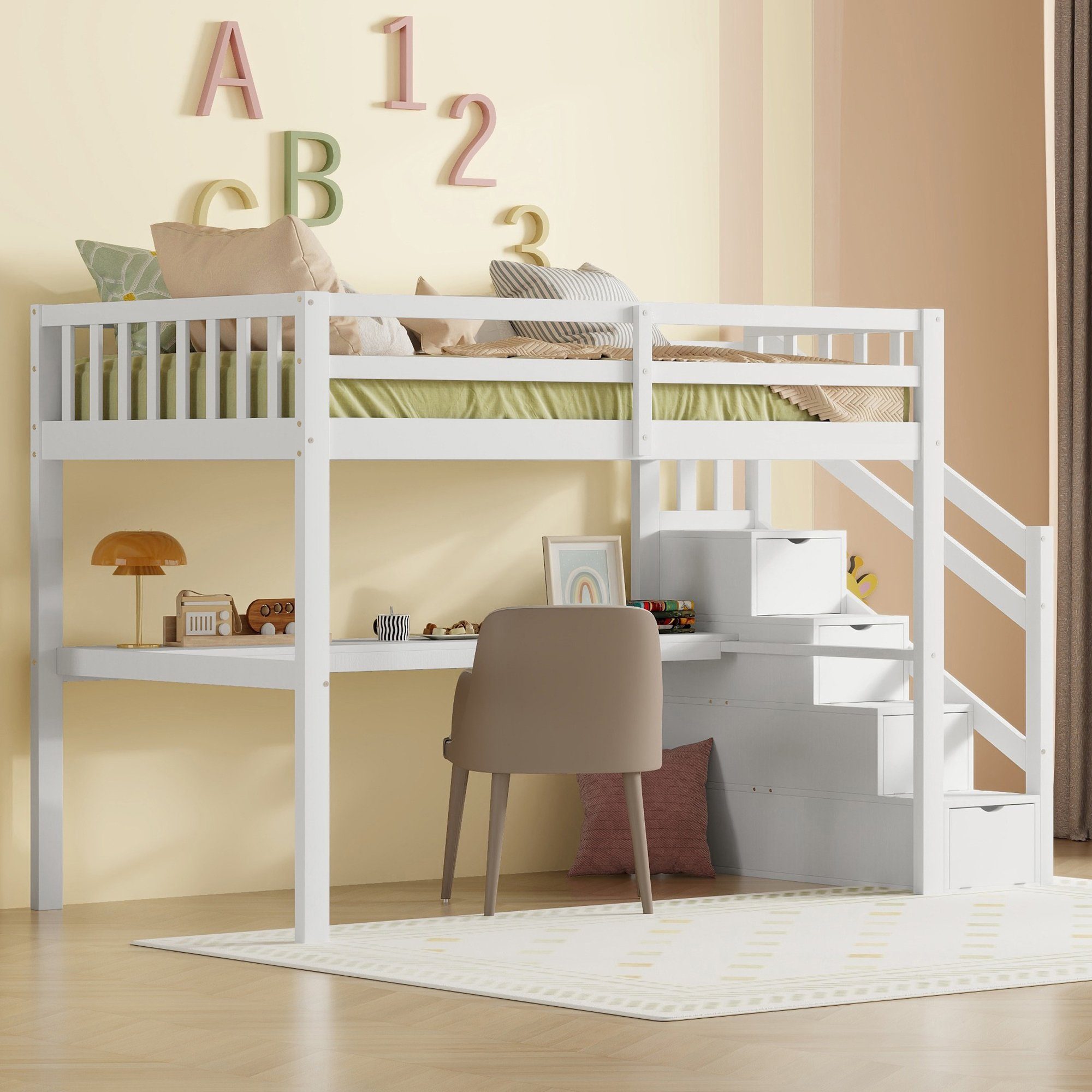 REDOM 90 (mit Kinderbett x ohne Holzbett Matratze Stauraumschubladen Funktionsbett, Weiß Unterbettschreibtisch, mit cm), 200 Stauraumbett
