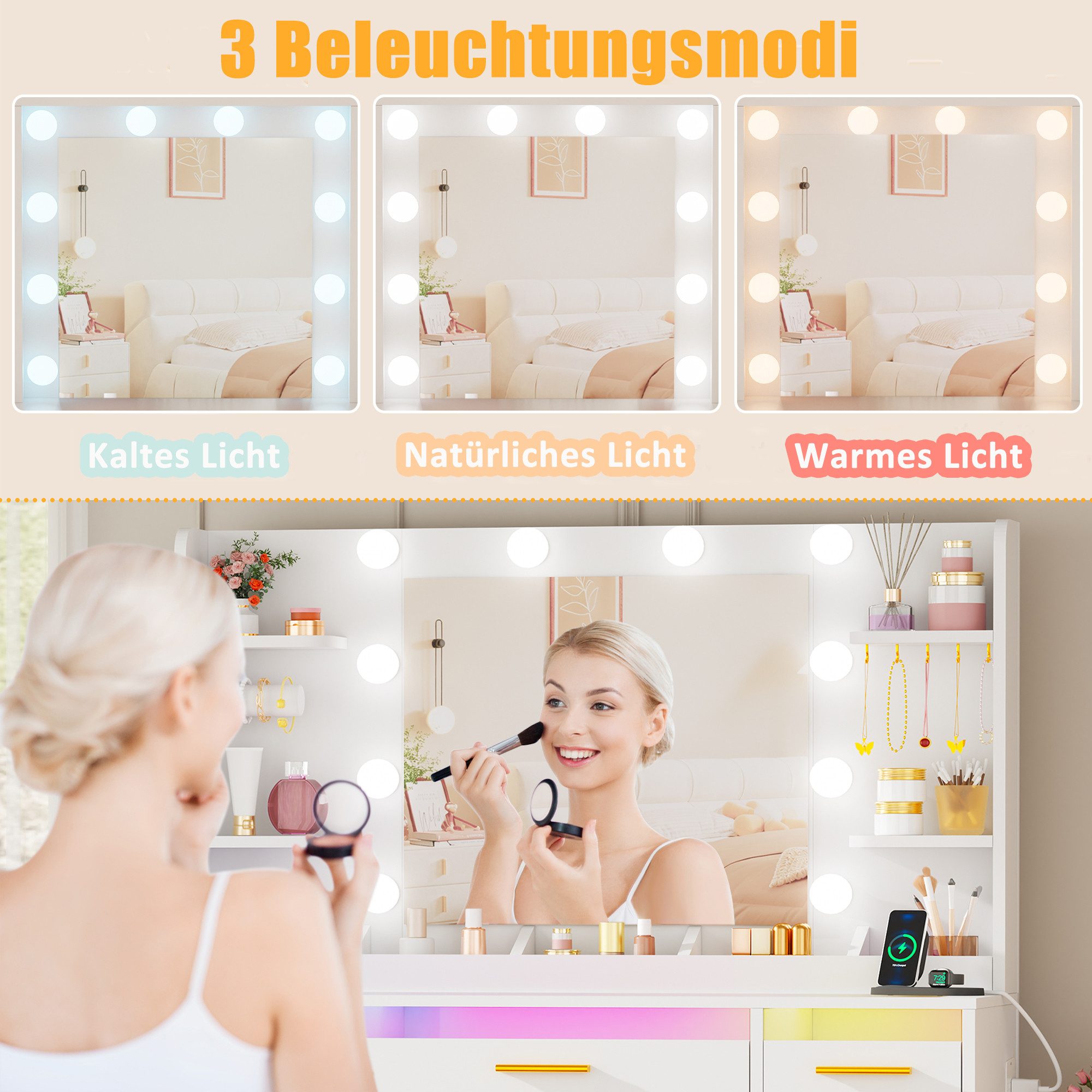 BEWISHOME Schminktisch mit Spiegel und LED-Beleuchtung, Glastischplatte und 9 Schubladen (1-St), integrierte Steckdose & USB, modern für Schlafzimmer – Bild 5 von 5