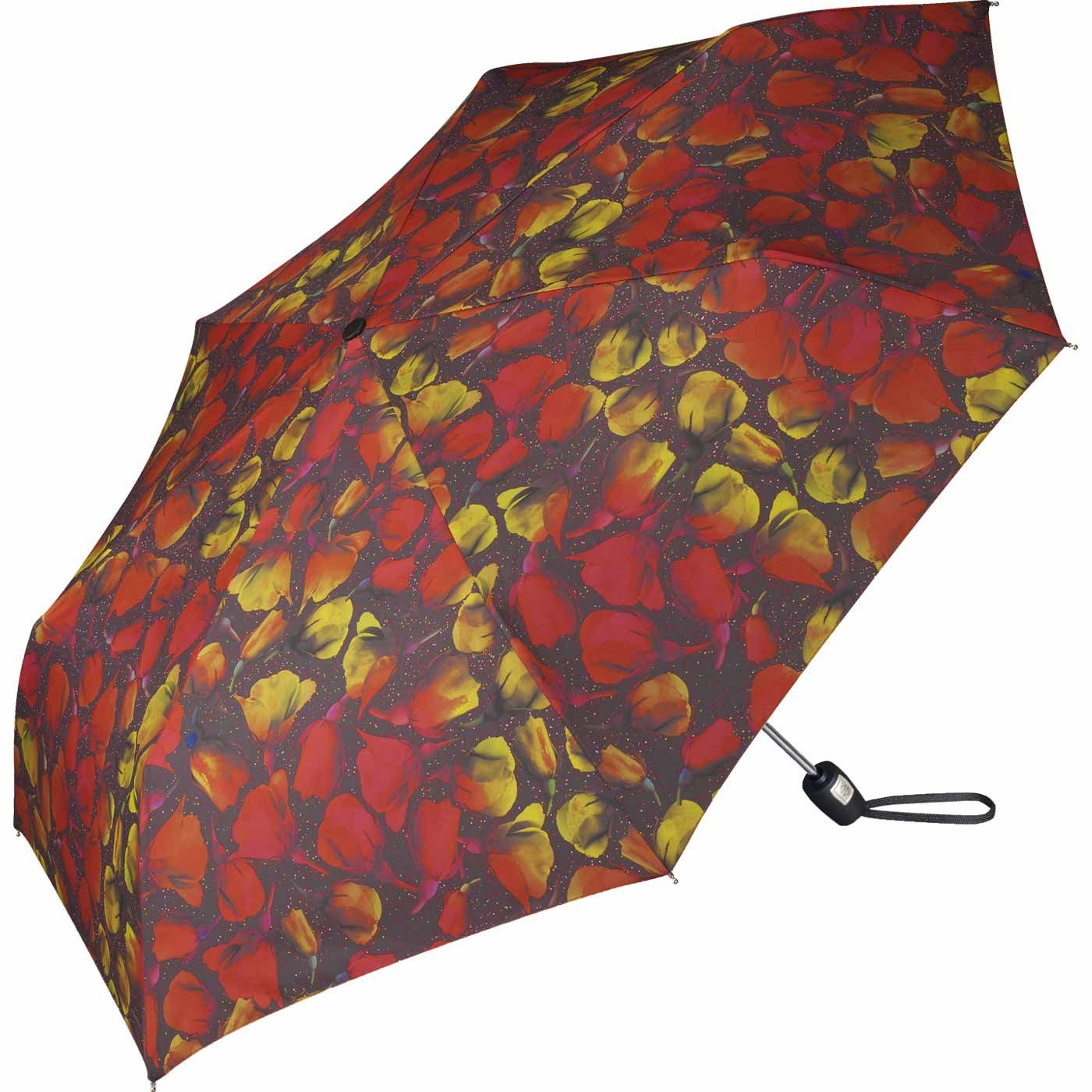 Pierre Cardin Taschenregenschirm schlanker Damen-Taschenschirm mit Auf-Zu-Automatik, mit stilvollem orangefarbenen Blumen-Muster