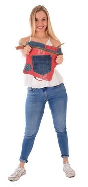 Sunsa Umhängetasche Umhängetasche aus recycelte Jeans und Rote Canvas. Kleine Upcycling Tasche mit Einsteckfronttasche, Upcycling Jeans