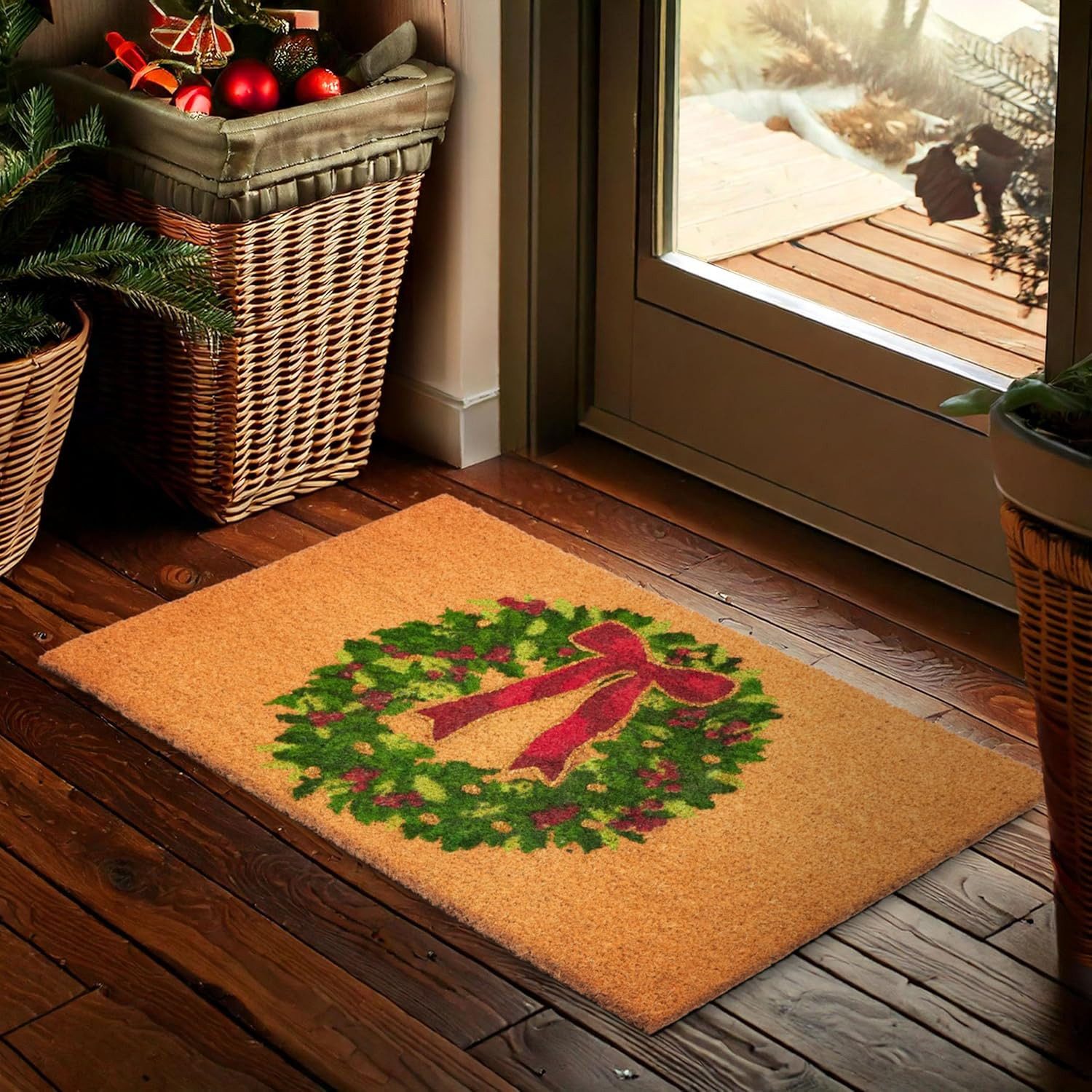 BRUBAKER Fußmatte 45 x 75 cm - Adventskranz mit Schleife - Schmutzfangmatte, Rechteckig, Höhe: 15 mm, Türmatte für Außen und Innen - Wetterfest und Rutschfest
