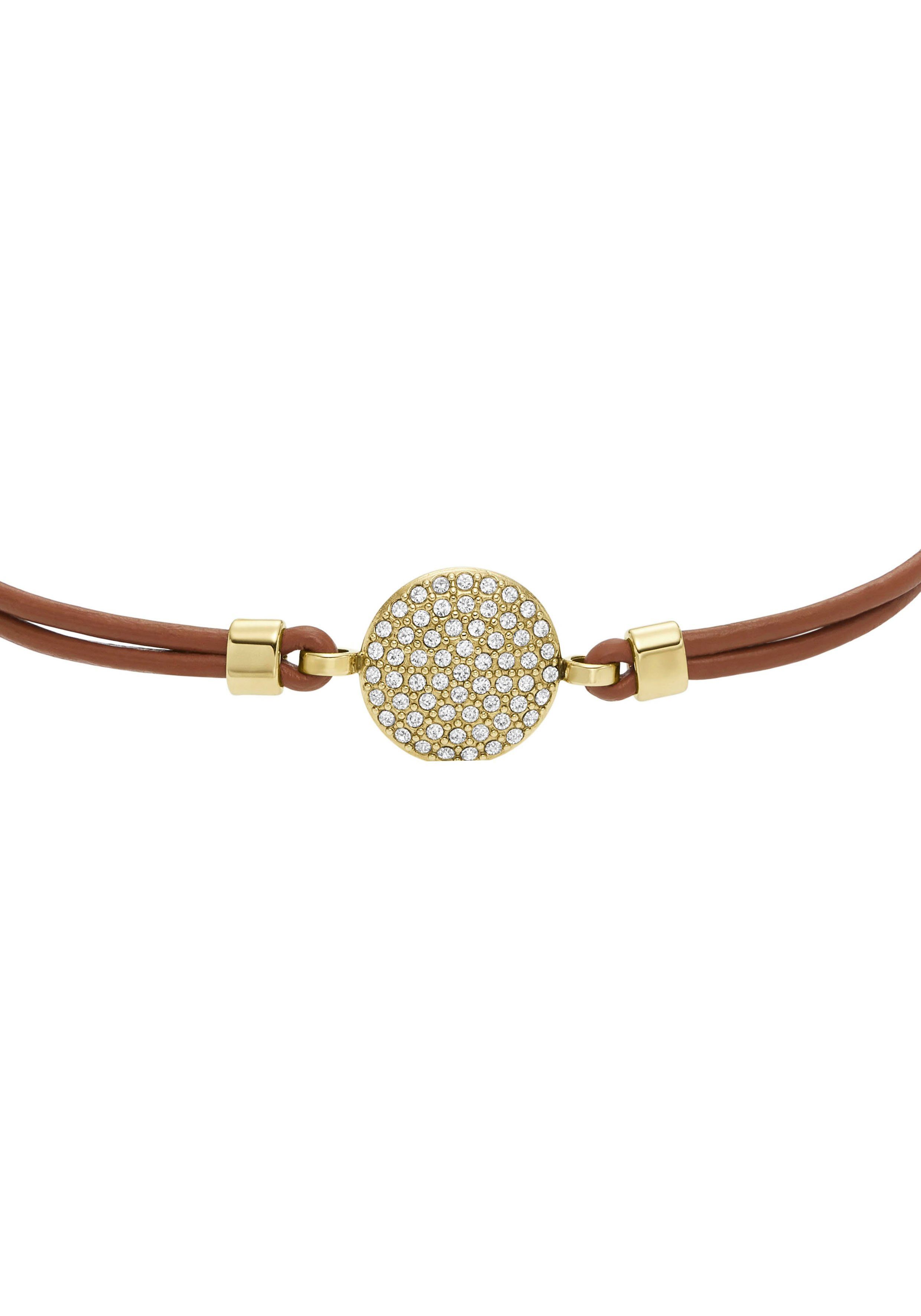 Fossil Armband Schmuck Edelstahl Leder Armschmuck SADIE GLITZ DISC, mit Glasstein