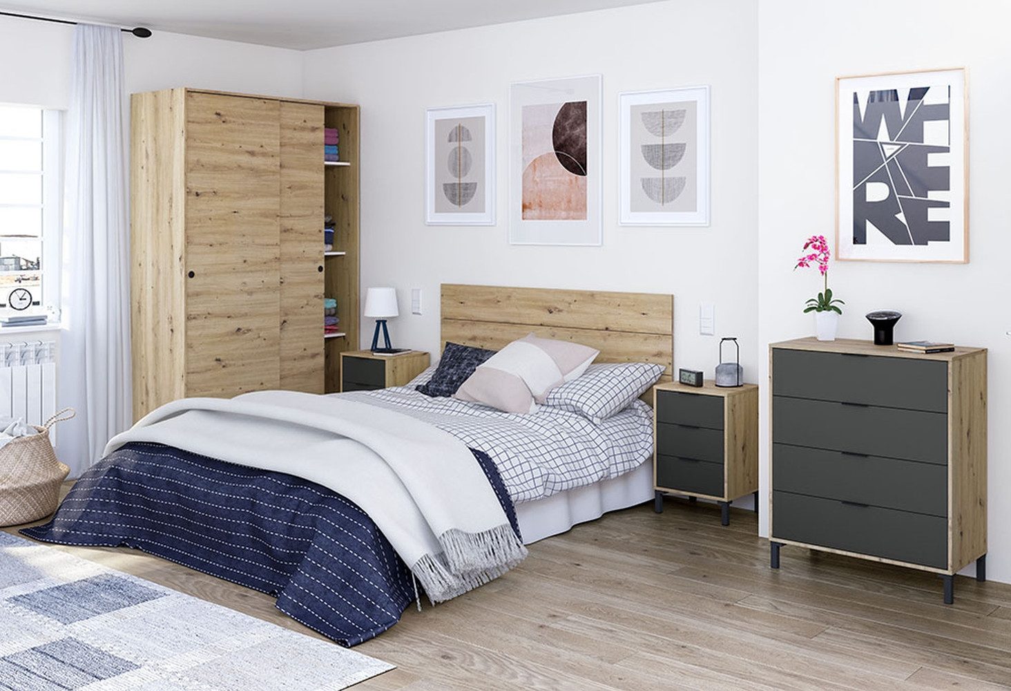 freiraum Komplettschlafzimmer ENZO, (6-teilig), (6-teilig) Nodi Eiche Dekor / Anthrazitgrau