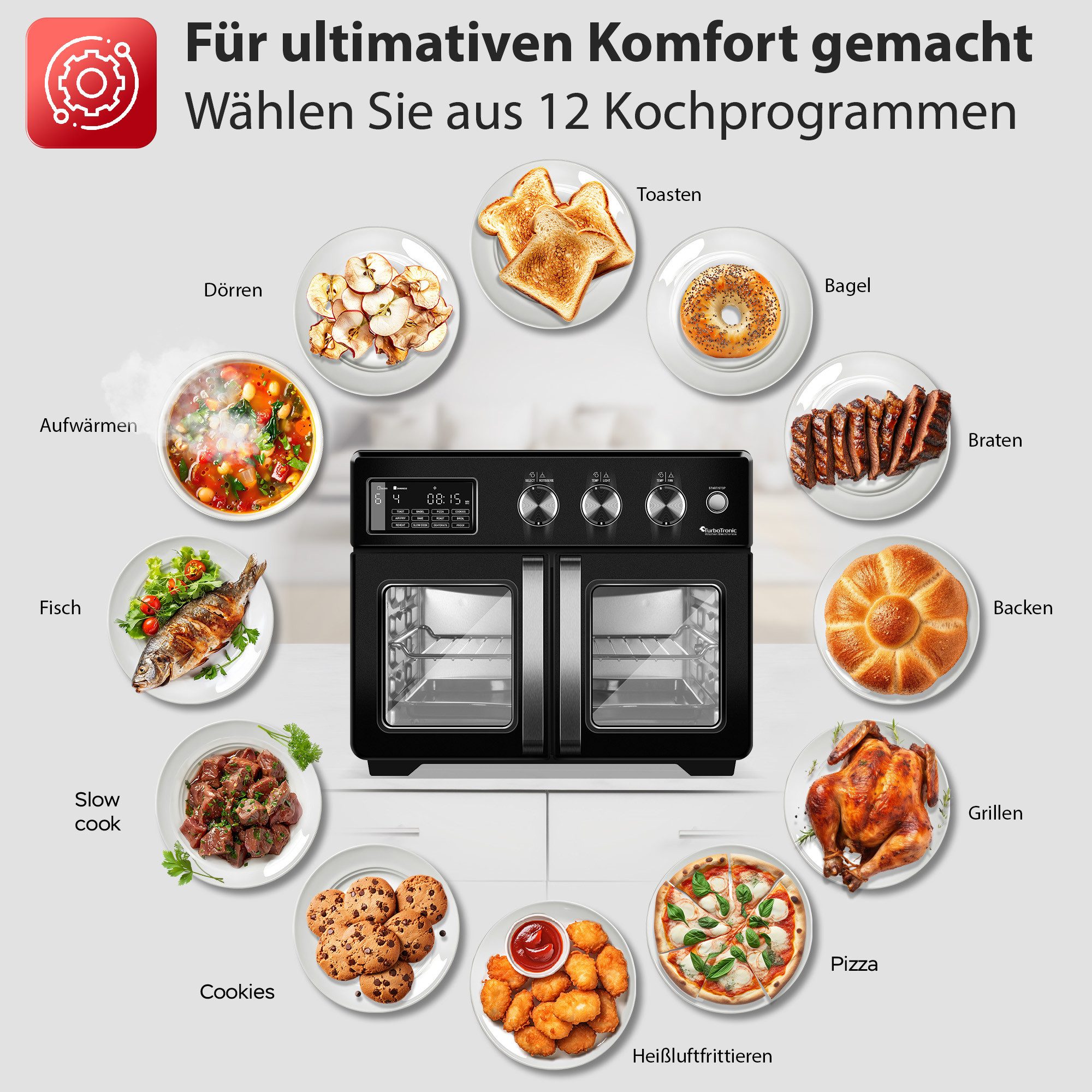 TurboTronic by Z-Line Minibackofen 1700 W, 32 l Mini Backofen mit Airfryer, Umluft, Drehspieß, Pizzaofen, Tischbackofen, kleiner Backofen, Heißluftfritteuse, Toaster, Dörrer