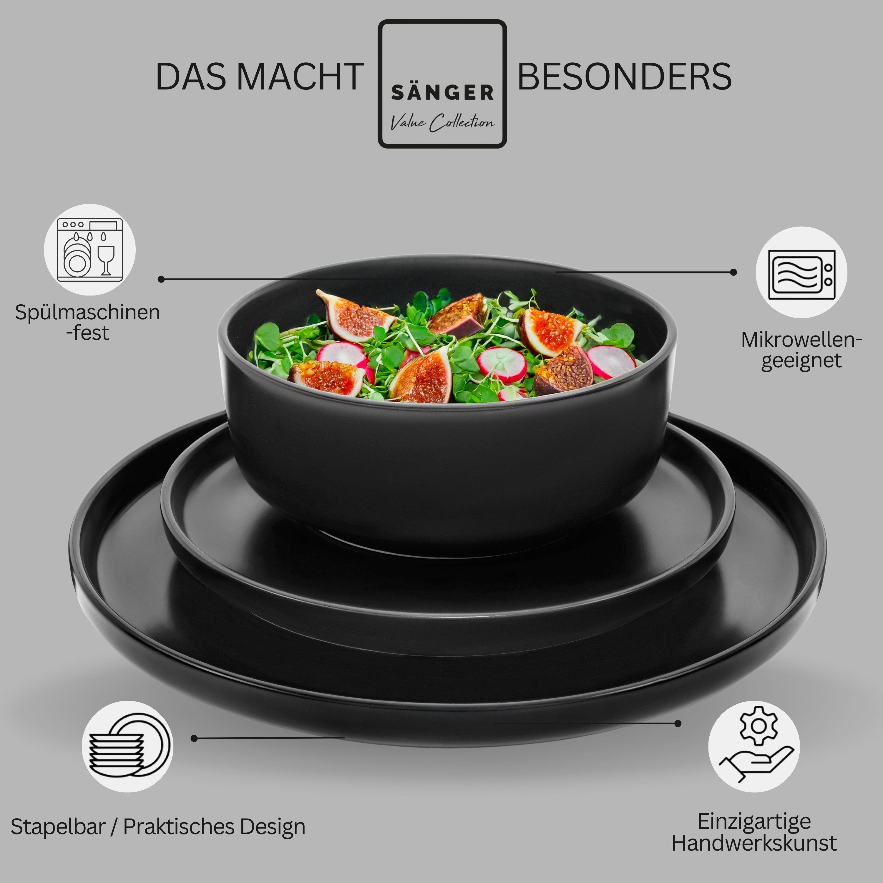 SÄNGER Tafelservice Madeira Geschirr-Set (36-tlg), 12 Personen, Steingut, schwarz, Handmade, VALUE COLLECTION – Bild 4 von 5