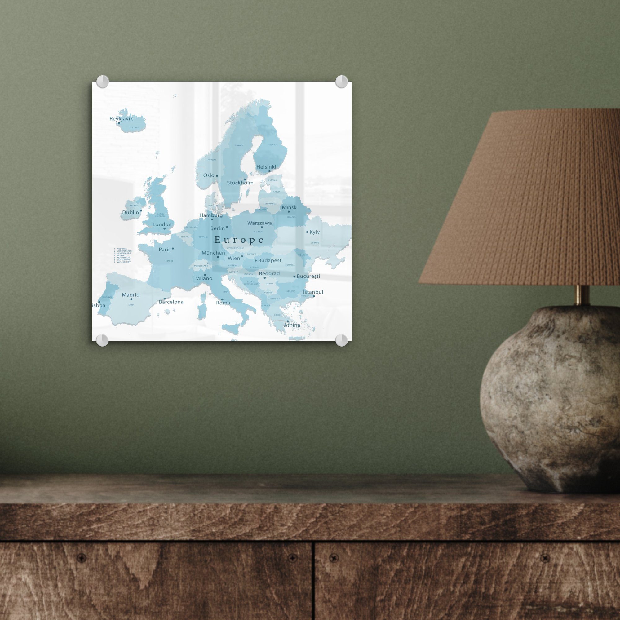 auf - Foto mit Acrylglasbild Glas Glasbilder - - auf Bilder St), Hauptstädten, Wanddekoration Karte MuchoWow Wandbild (1 Europa blauen von Glas