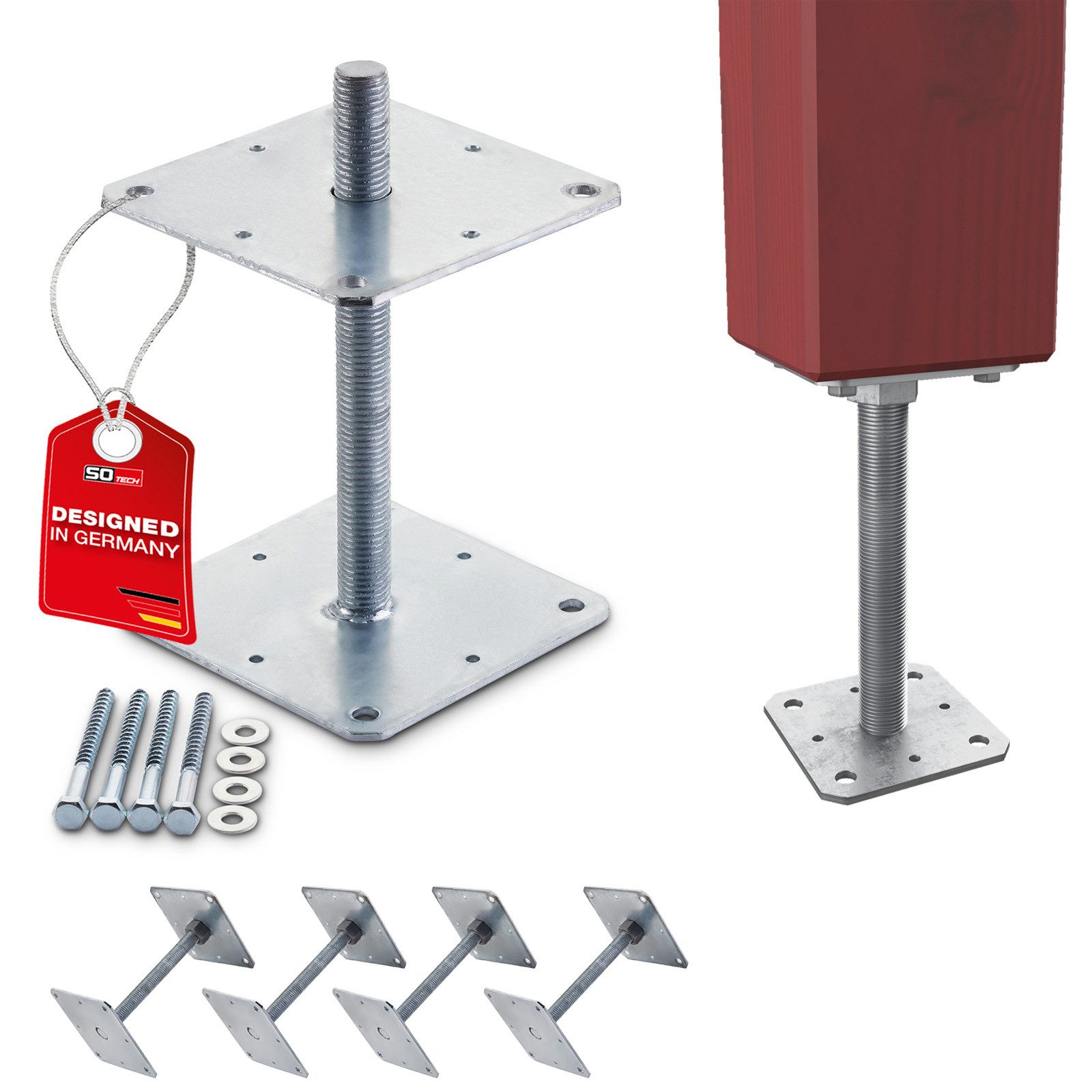 SO-TECH® Почтовая база Stützträger höhenverstellbar Gewinde M24 Stahl feuerverzinkt, (4-St), zum Aufschrauben, wetterfest, 160 x 160 x 250 mm