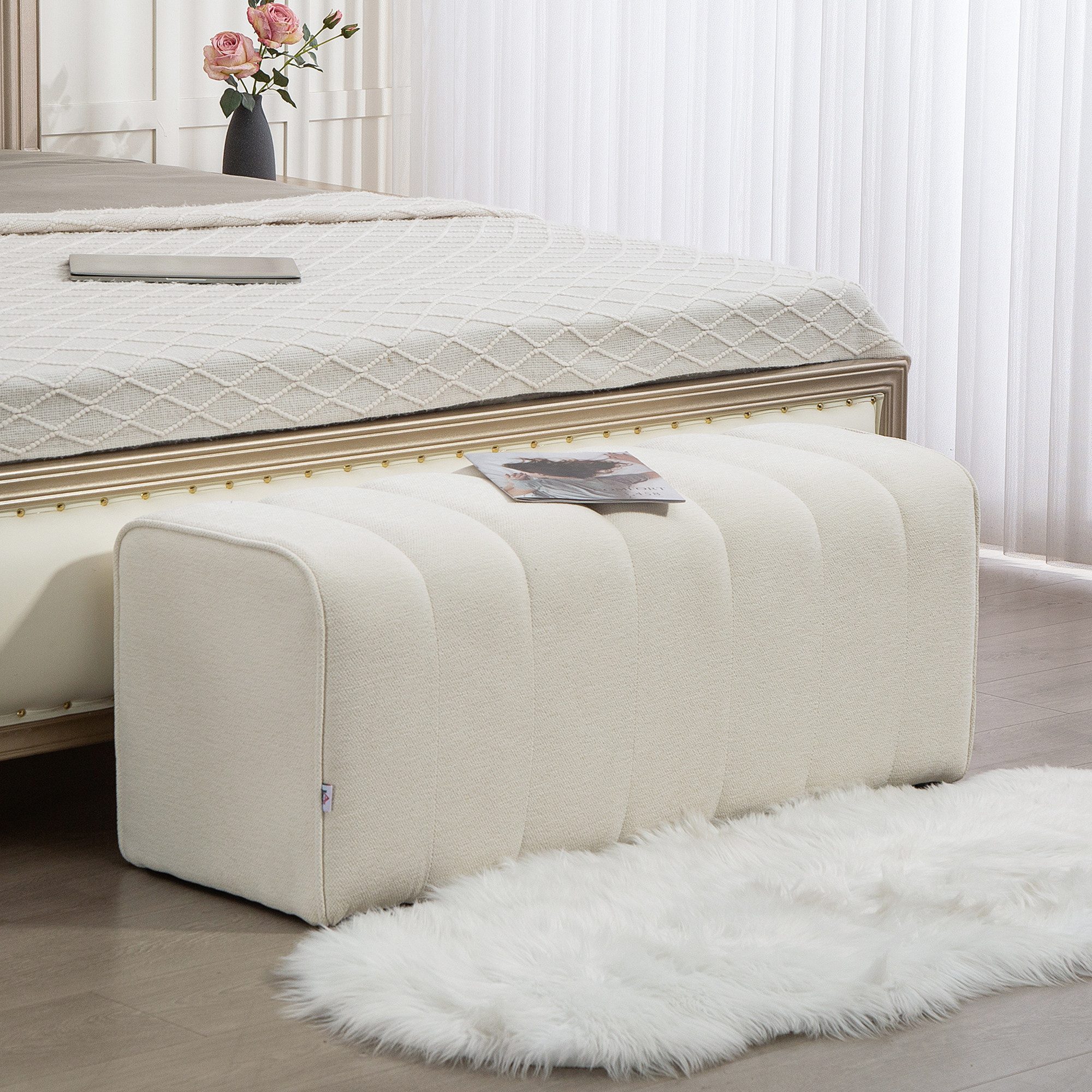 HOMCOM Polsterbank Sitzbank Bettbank Leinenoptik Kanal-Tufting 220 kg belastbar (Flurbank, 1-St., Sitztruhe), für Schlafzimmer, Wohnzimmer, Cremeweiß