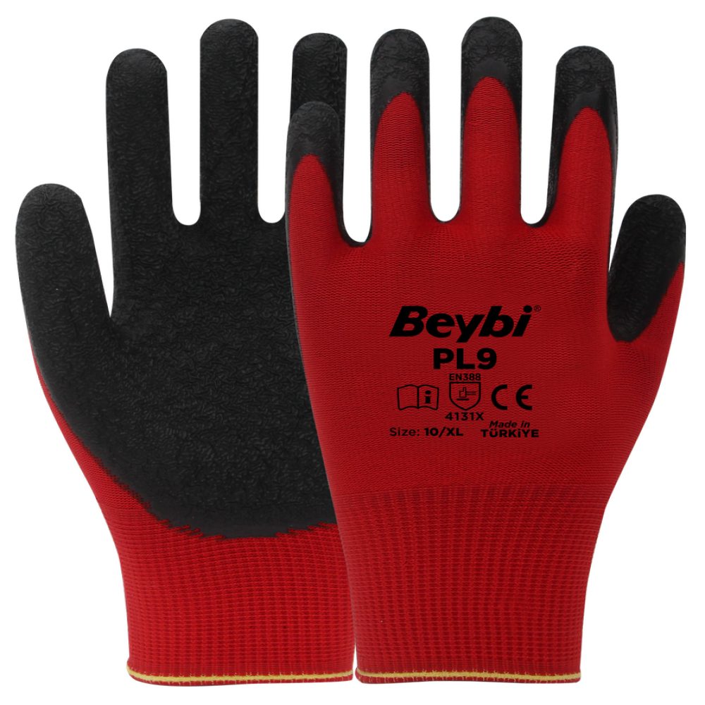 Beybi Arbeitshandschuhe 12 Paar Arbeitshandschuhe, Polyester, Rot und Schwarz (Einrichtugszubehör)