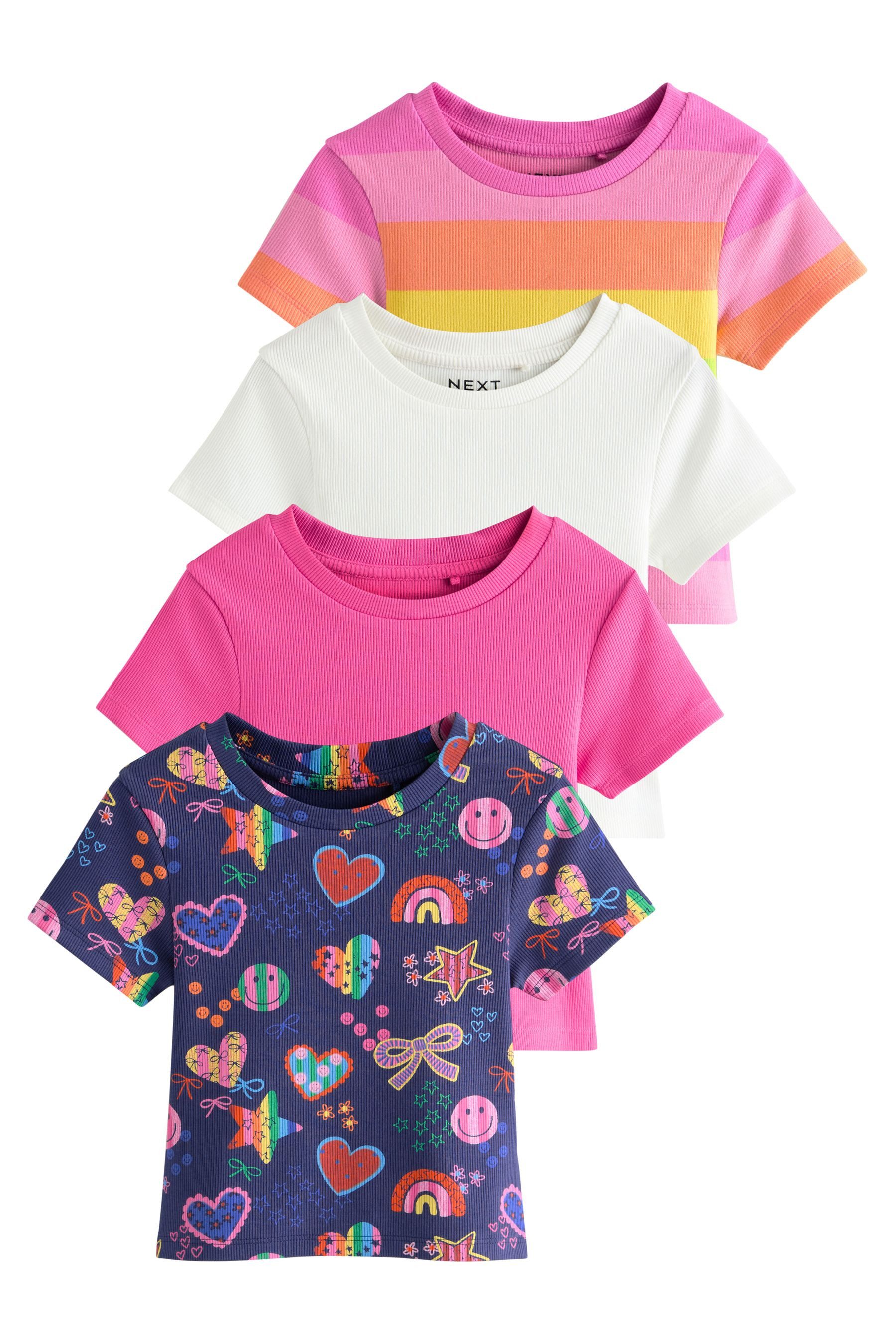 T-Shirt Kurzarm-Shirts mit Rippenmuster, 4er-Pack