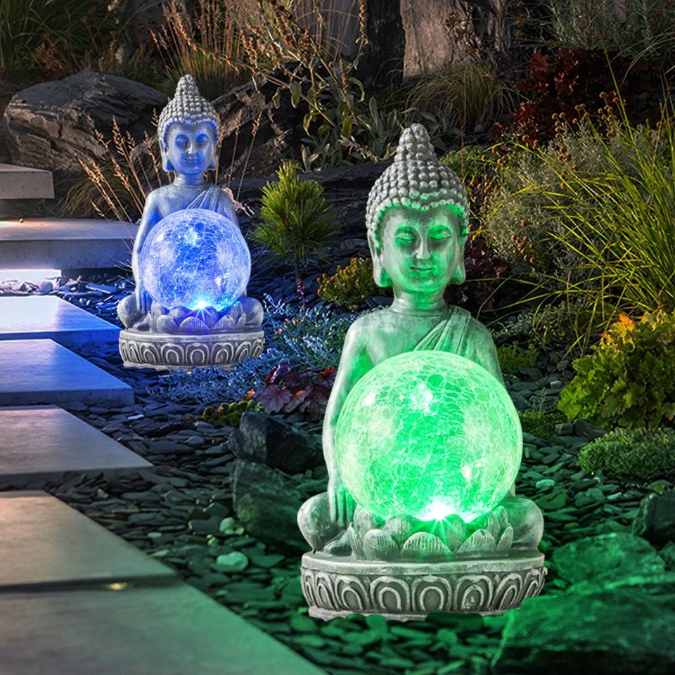 etc-shop LED Solarleuchte, LED-Leuchtmittel fest verbaut, Farbwechsel, Rot,  Grün, Blau, LED Solarleuchte Buddha Figur mit crackle Glaskugel Garten