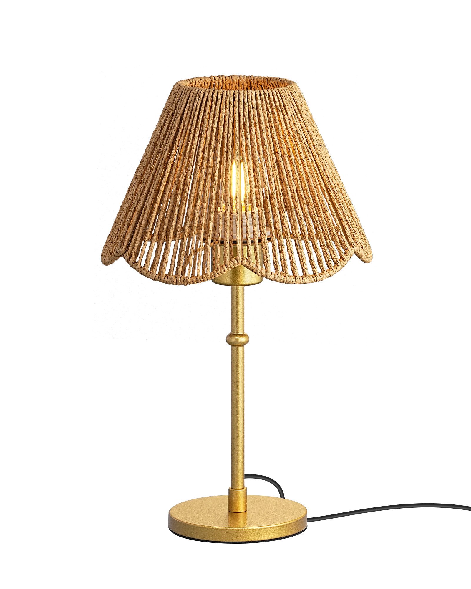 EDISHINE Nachttischlampe EDISHINE Nachttischlampe mit handgeflochtenem Papierseil-Schirm, LED wechselbar, Warmweiß, Gold Inklusive 4W LED mit 2700K Warmweiß