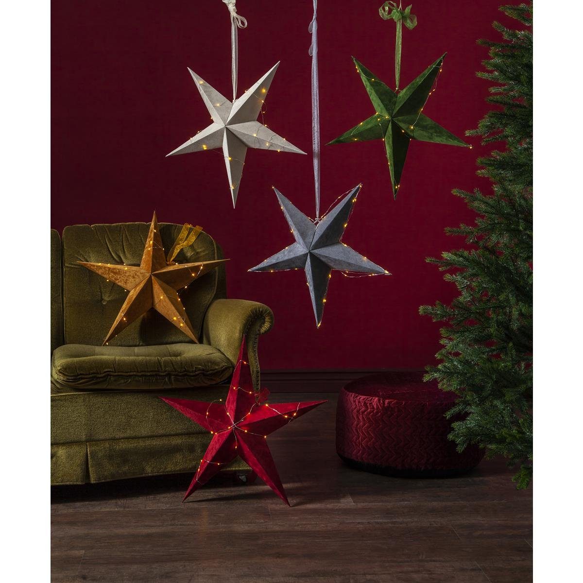 STAR TRADING LED Stern LED Papierstern Velvet Weihnachtsstern hängend 60cm Drahtlichterkette, LED Classic, warmweiß (2100K bis 3000K)