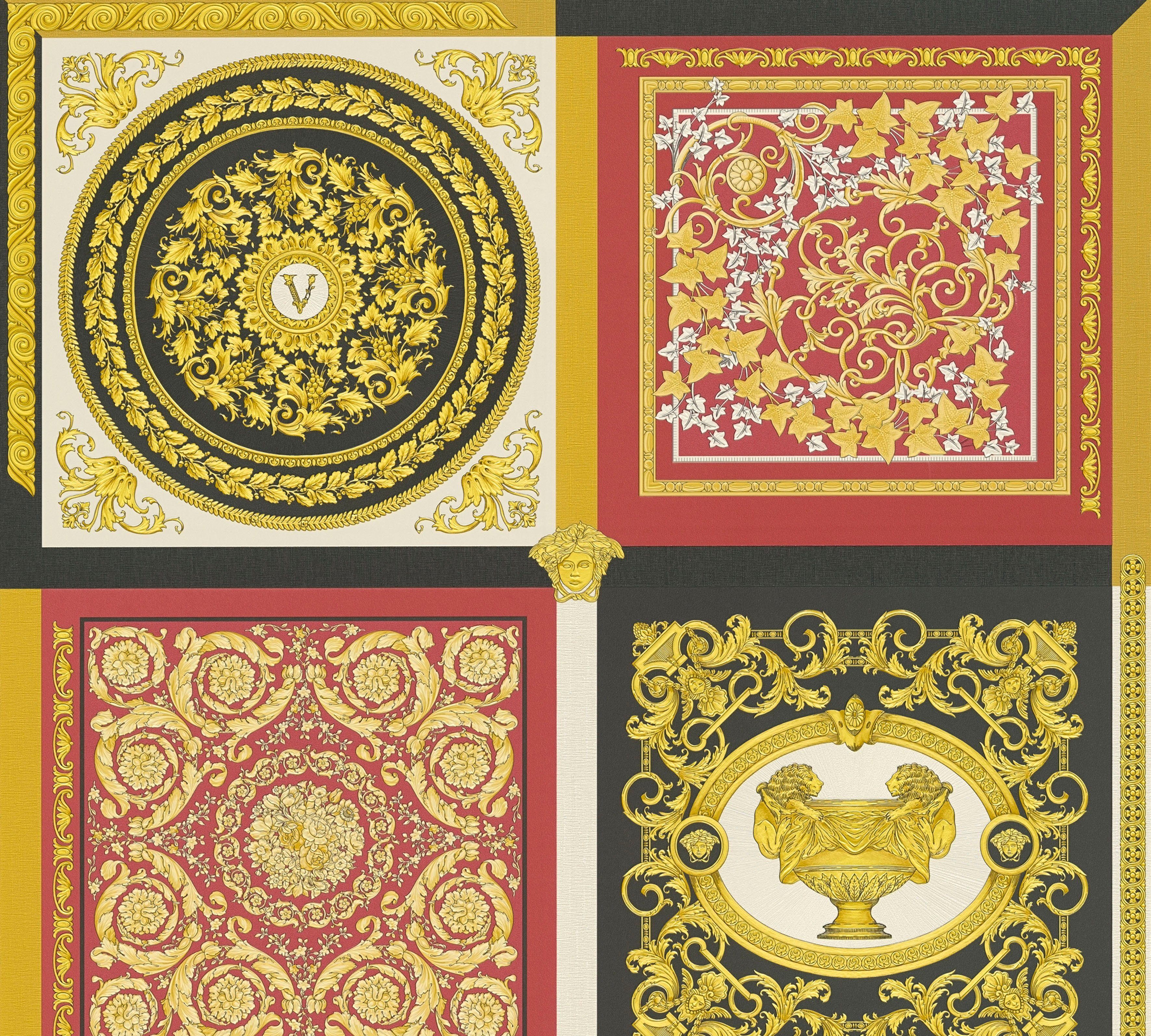 (1 Wallpaper auffallende strukturiert, Patchwork, leicht glänzend, Fliesen-Tapete Versace St), Vliestapete Versace 5 Design leicht rot/goldfarben/weiß