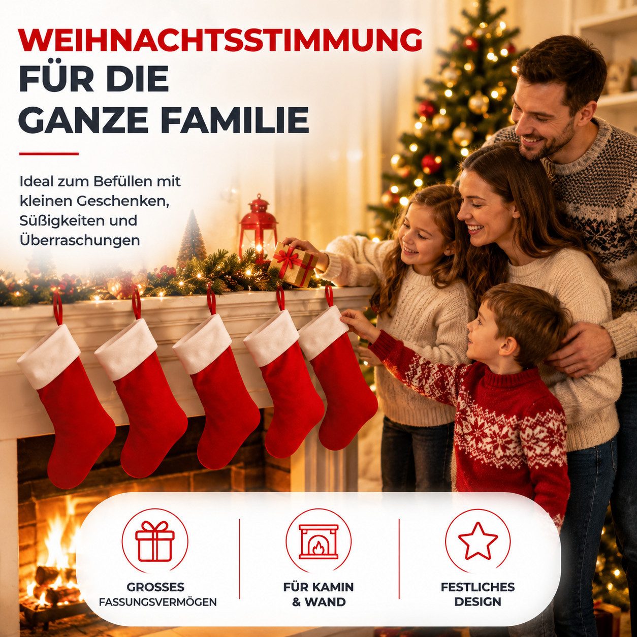 TK Gruppe Hänge-Weihnachtsbaum 4 Weihnachtsstrümpfe zum Befüllen und Aufhängen für Nikolaus (Set, 4 St., 4er Set) – Bild 2 von 5