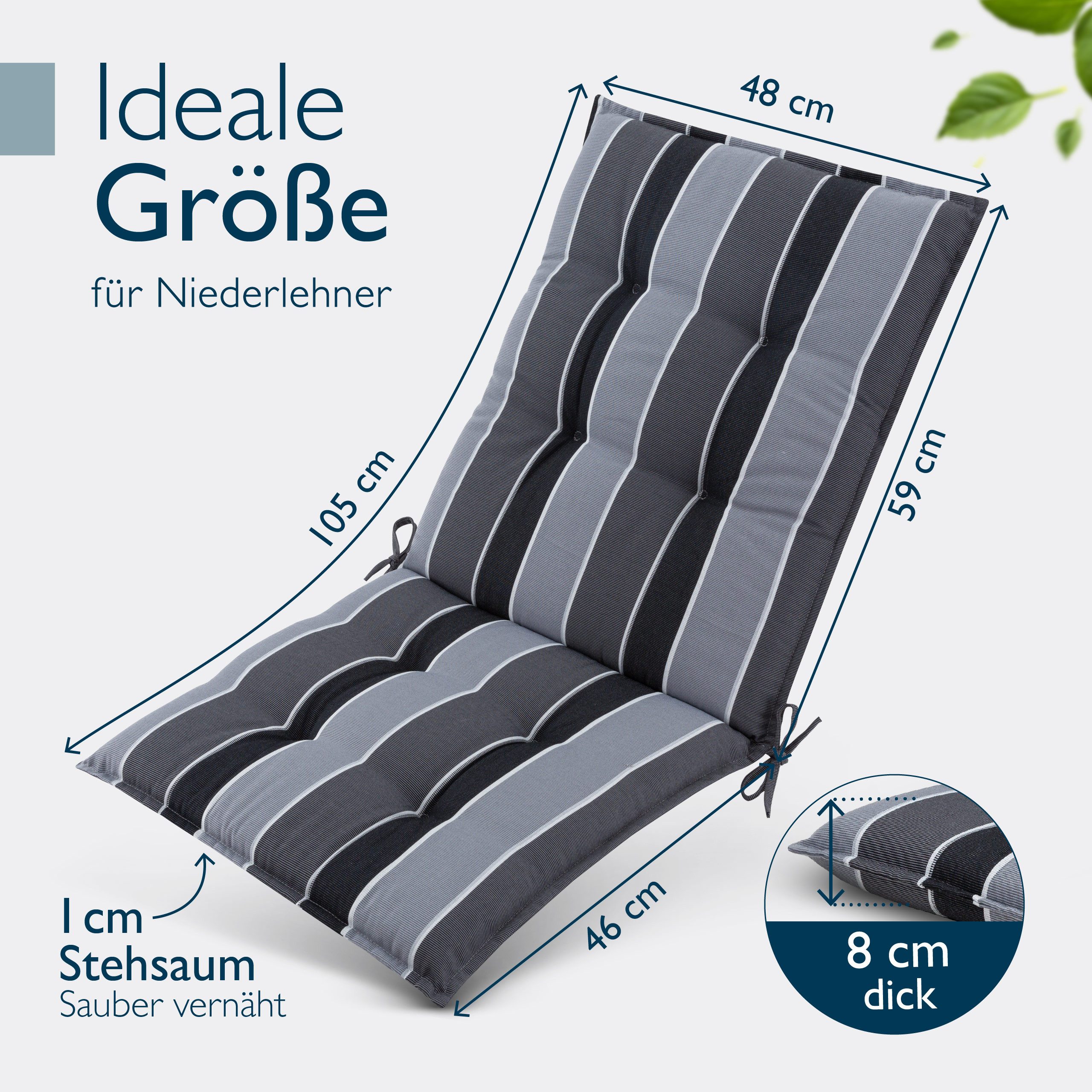 Beautissu Sitzauflage 6er Set Sun-NL Niederlehner Auflage 105x50x8cm Anthrazit-Gestreift, 8cm dick, rutschfest & robust – Befestigungsbänder, UV-Lichtechtheit 5