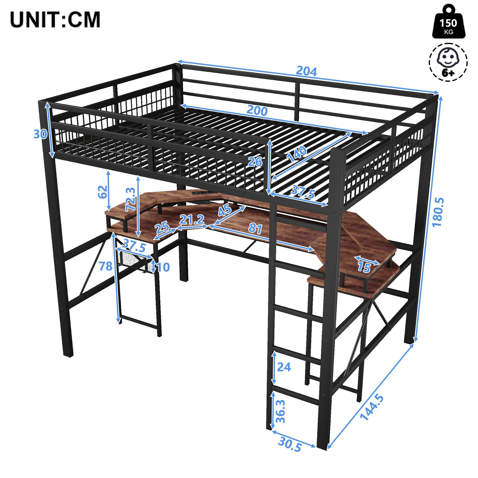 Ulife Hochbett mit LED-Lichtleiste, Schreibtisch, Ladeanschlüssen und Lochwand (Ohne Matratze) Jugendbett Kinderbett 140 x 200 cm, USB, Typ-C & 2 Steckdosen