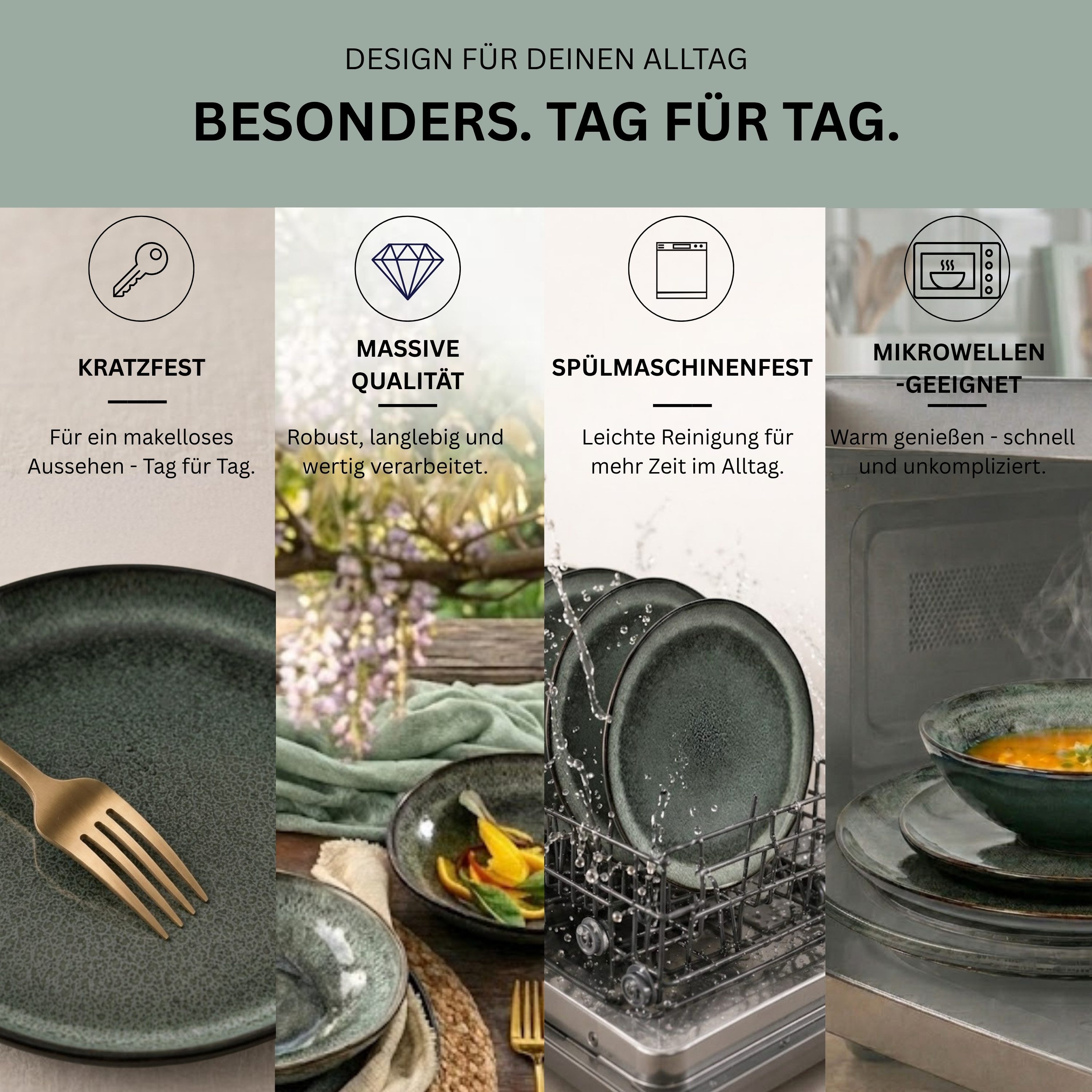 SÄNGER Tafelservice Kopenhagen Geschirrset (12-tlg), 4 Personen, Steingut, Grün-Grau, Handmade, Premium Collection