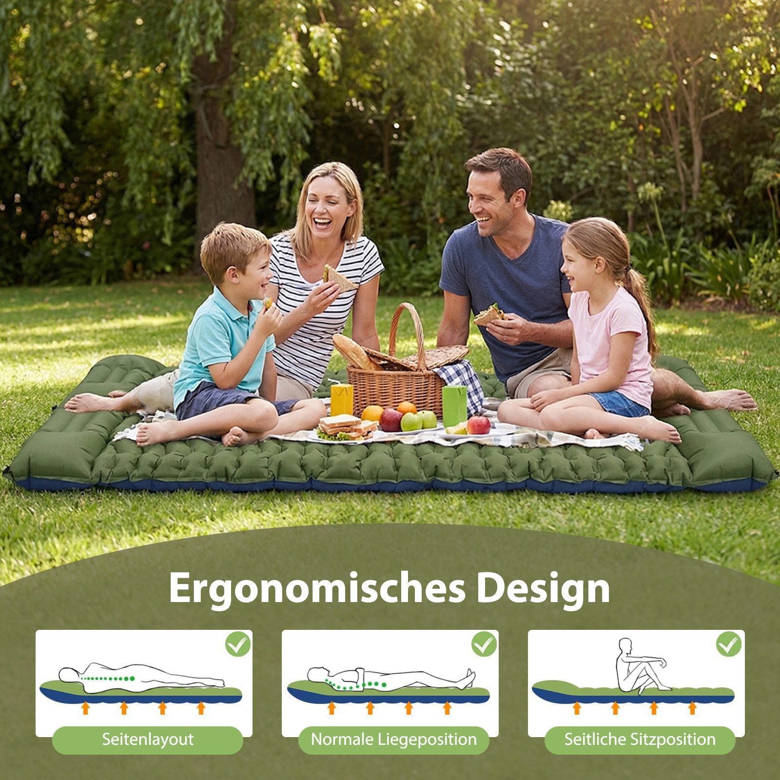 AKKEE Isomatte Doppel-Isomatte Outdoor, Campingmatratze, Isomatte Ultraleicht, Isomatte Camping Selbstaufblasend mit Fußpresse Pumpe und Kissen