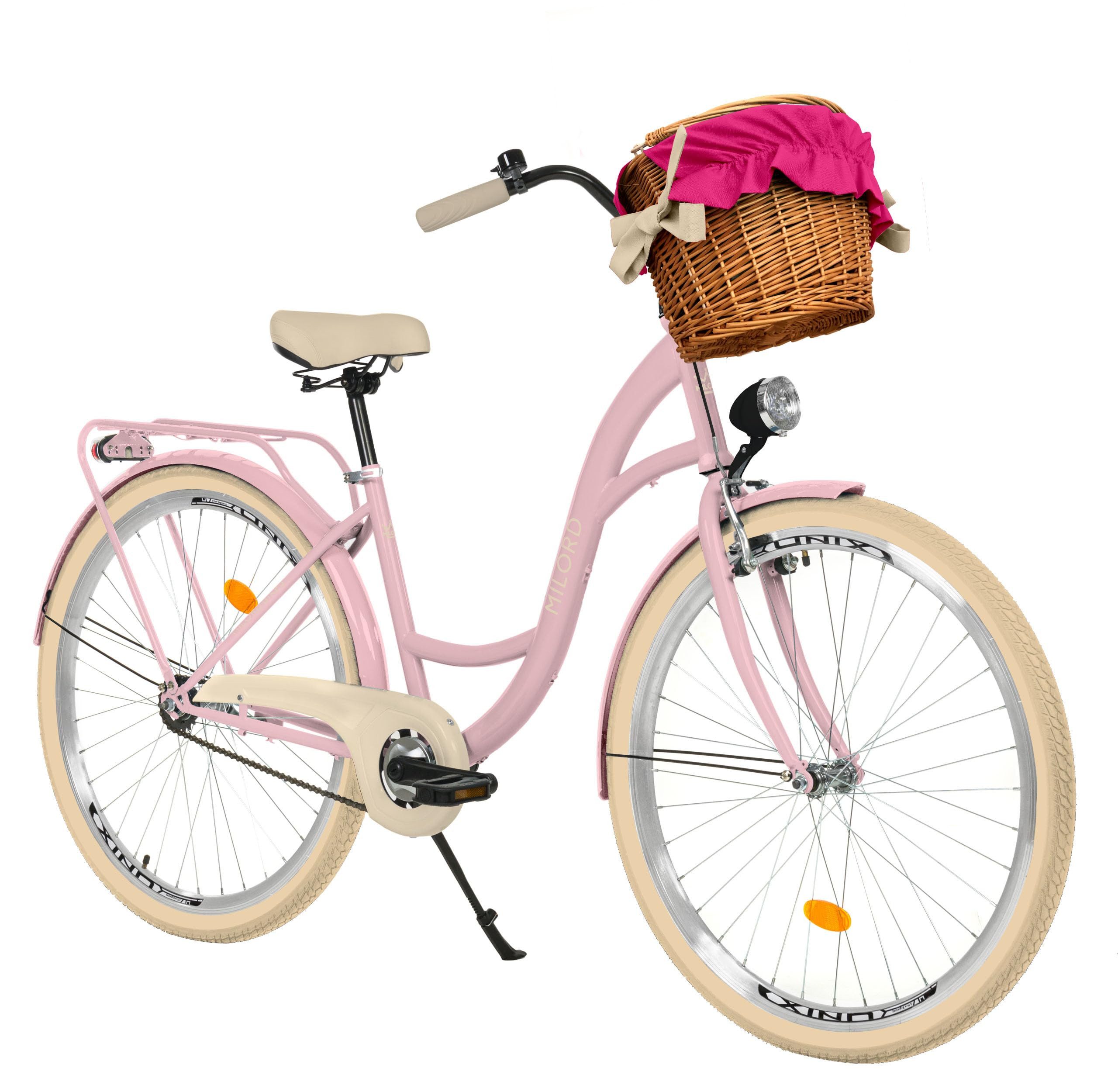 Milord Cityrad Milord City Fahrrad Weidenkorb Damen, 28/26 Zoll, Rosa-Creme, 1-Gang, 1 Gang, (Fahrradständer, Gepäckträger, Klingel, Korb, Kotflügel)
