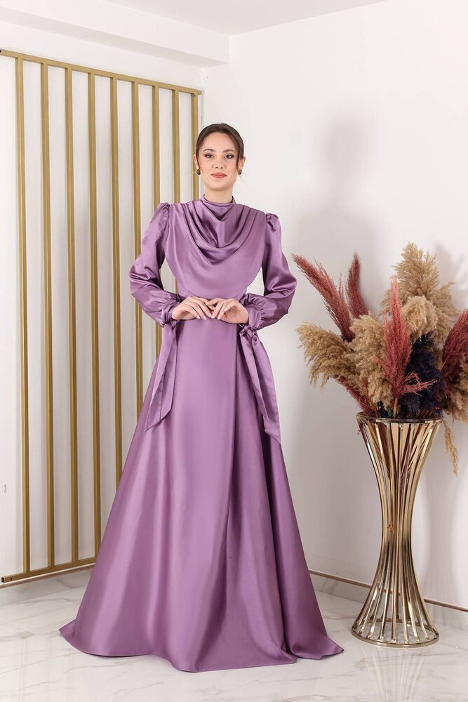 fashionshowcase Abendkleid Elegantes Damen Kleid aus Satin - Langärmliges Maxikleid Modest Fashion