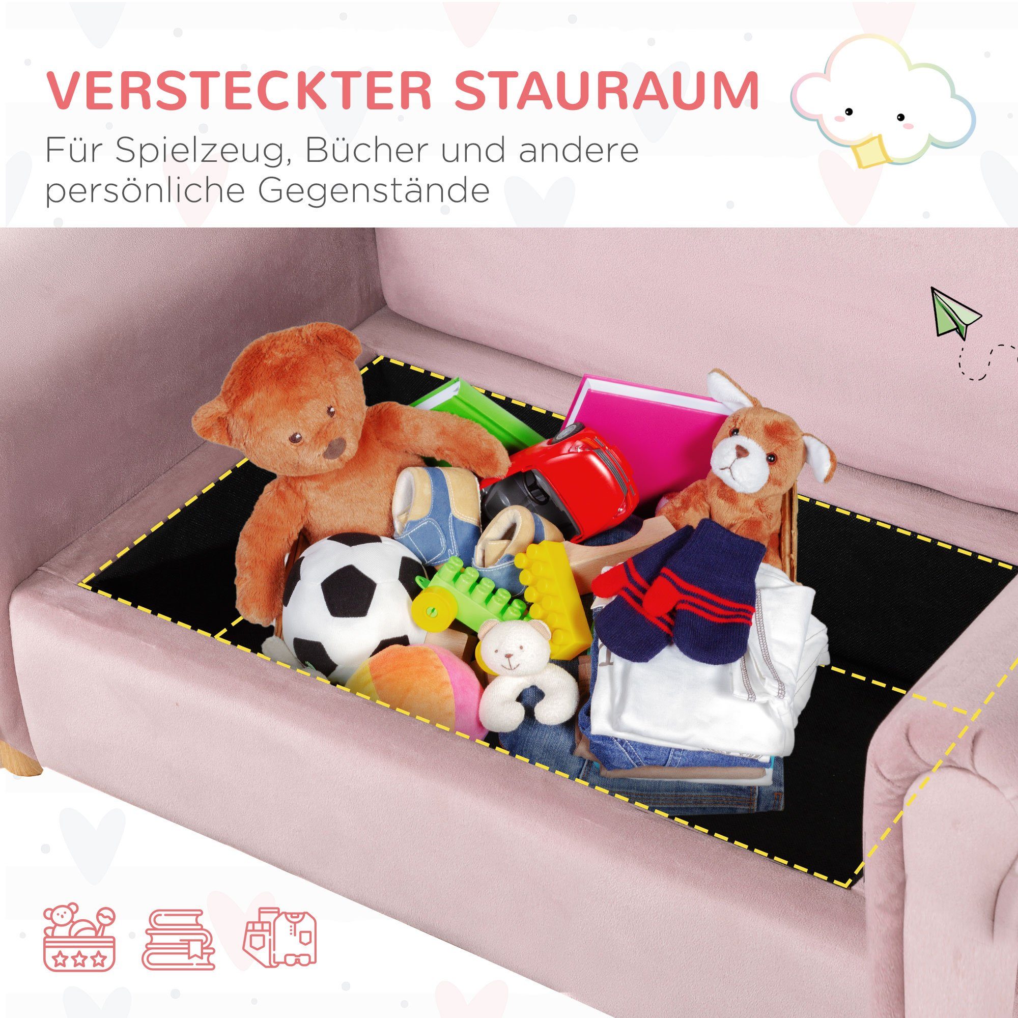 für (Set, Kinder Spielsofa 84L cm Kindersofa Kinder, HOMCOM Zweisitzer 48.5H für Stauraum, 3-5 Jahre), Sessel Rosa mit 41.5B x x 1-St.,