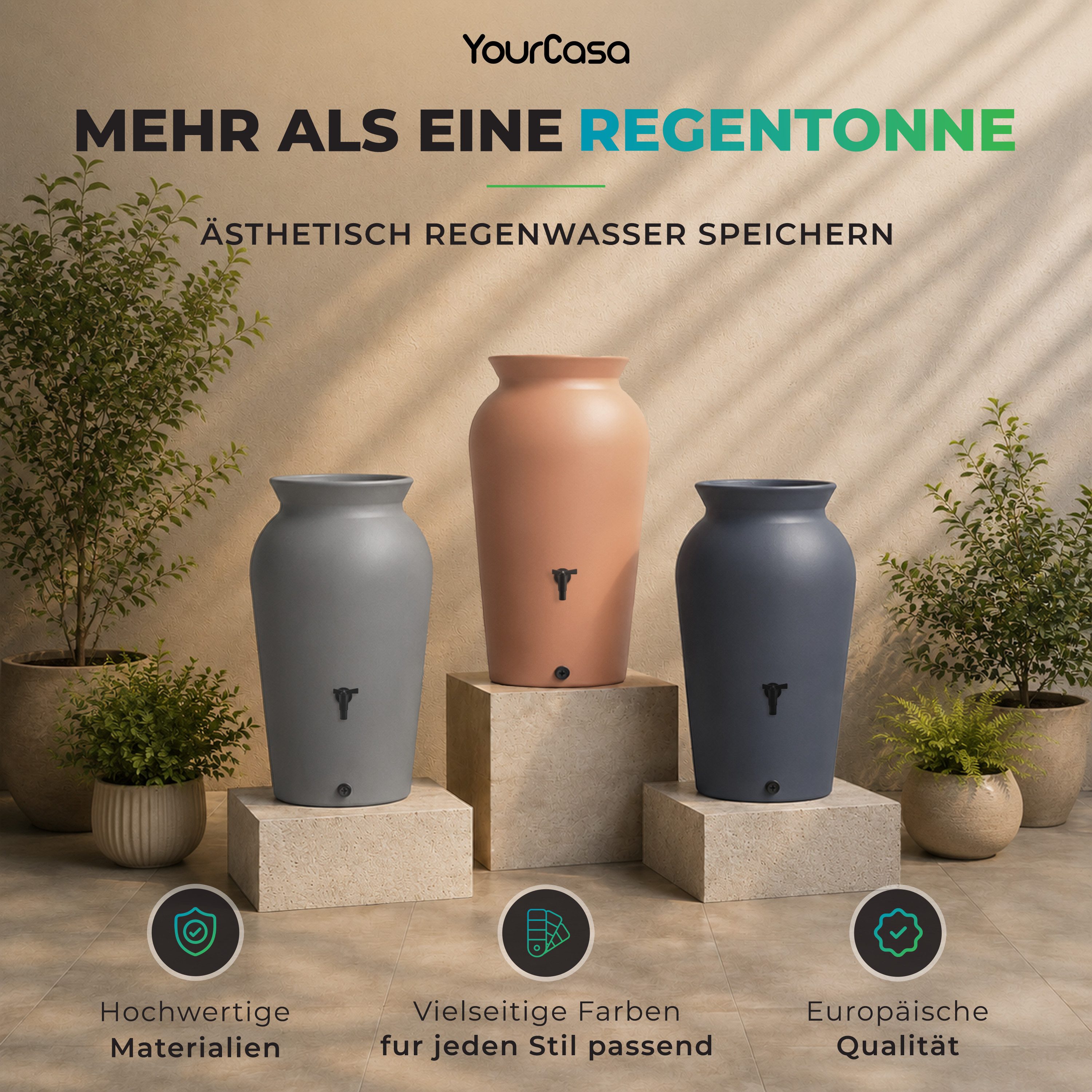 YourCasa Regentonne 120-230 Liter [DropCatcher] mit Filterkorb, 230 l, Frostsicher, Filterkorb, Wasserhahn