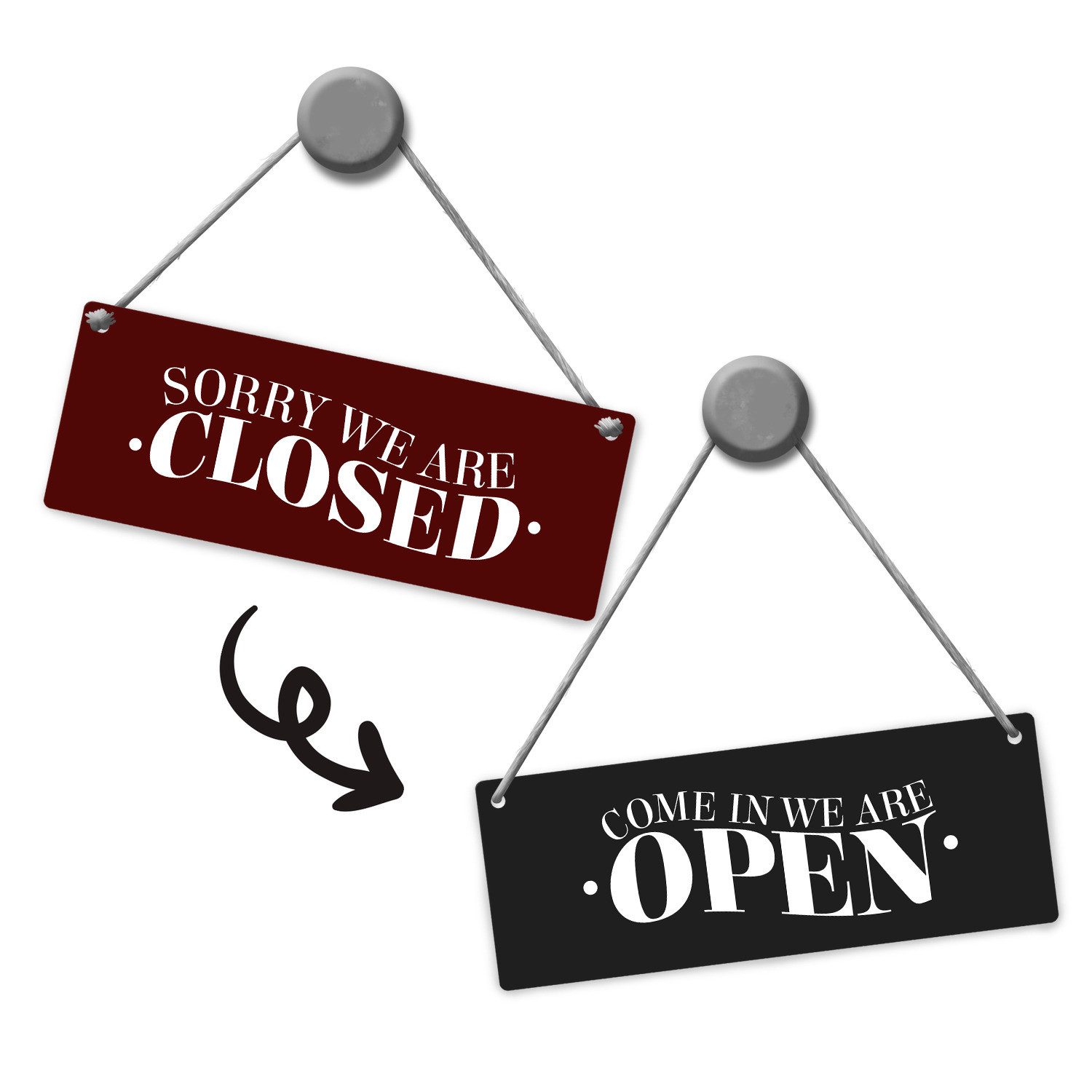 speecheese Metallschild We are open oder closed Wendeschild mit Kordel in schwarz rot Schild
