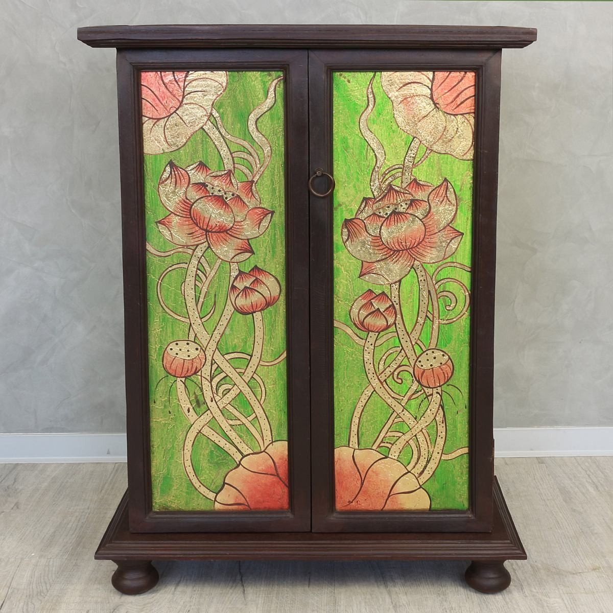 Oriental Galerie Mehrzweckschrank Schrank Lotusblüte Blattgold grün 90 cm Flurschrank, Schlüsselablage, Asiatische Möbel
