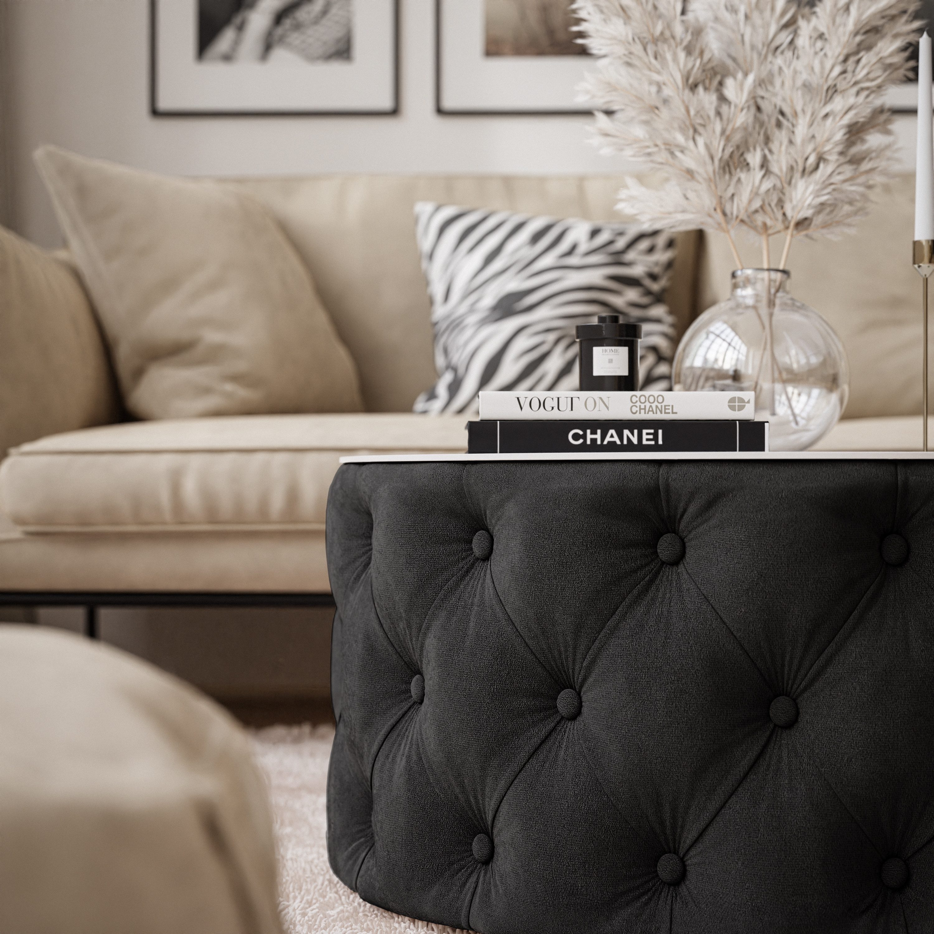 Lookway Couchtisch CHESTERFIELD 70 cm runder gepolsterter couchtisch