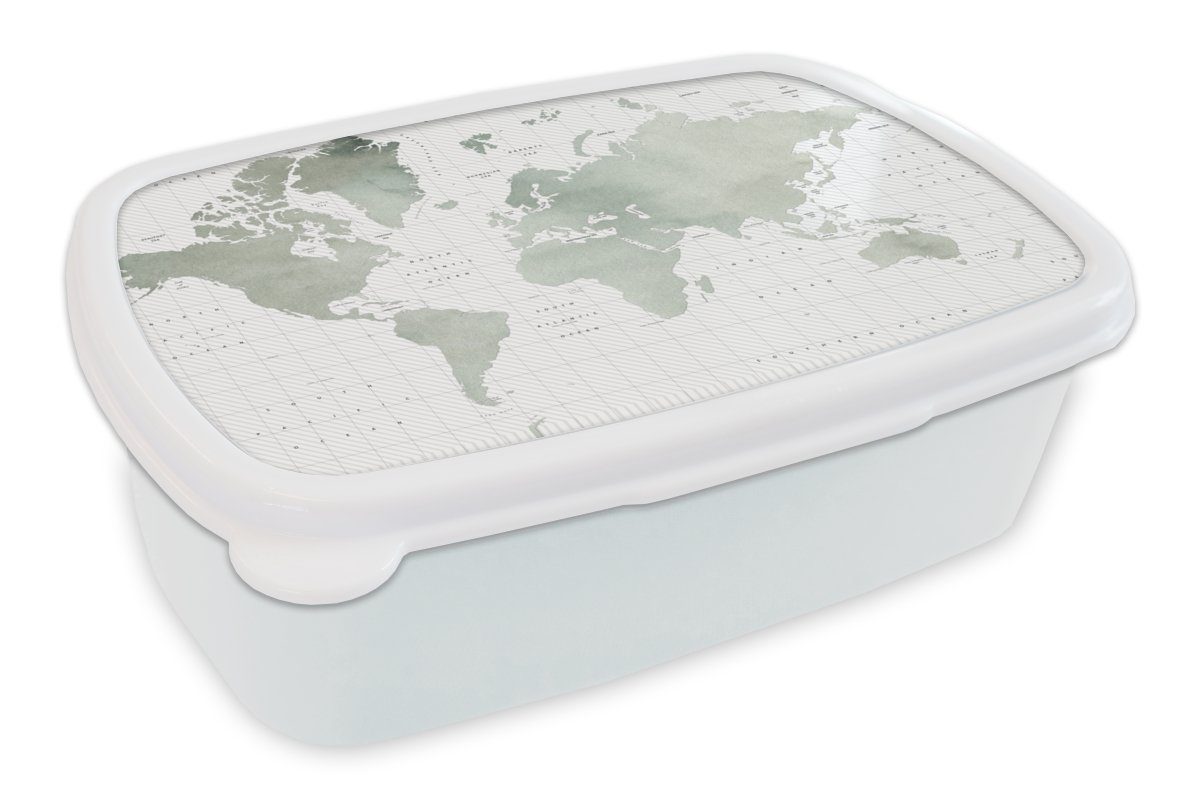 MuchoWow Lunchbox Weltkarte - Aquarell - Grau, Kunststoff, (2-tlg), Brotbox für Kinder und Erwachsene, Brotdose, für Jungs und Mädchen weiß